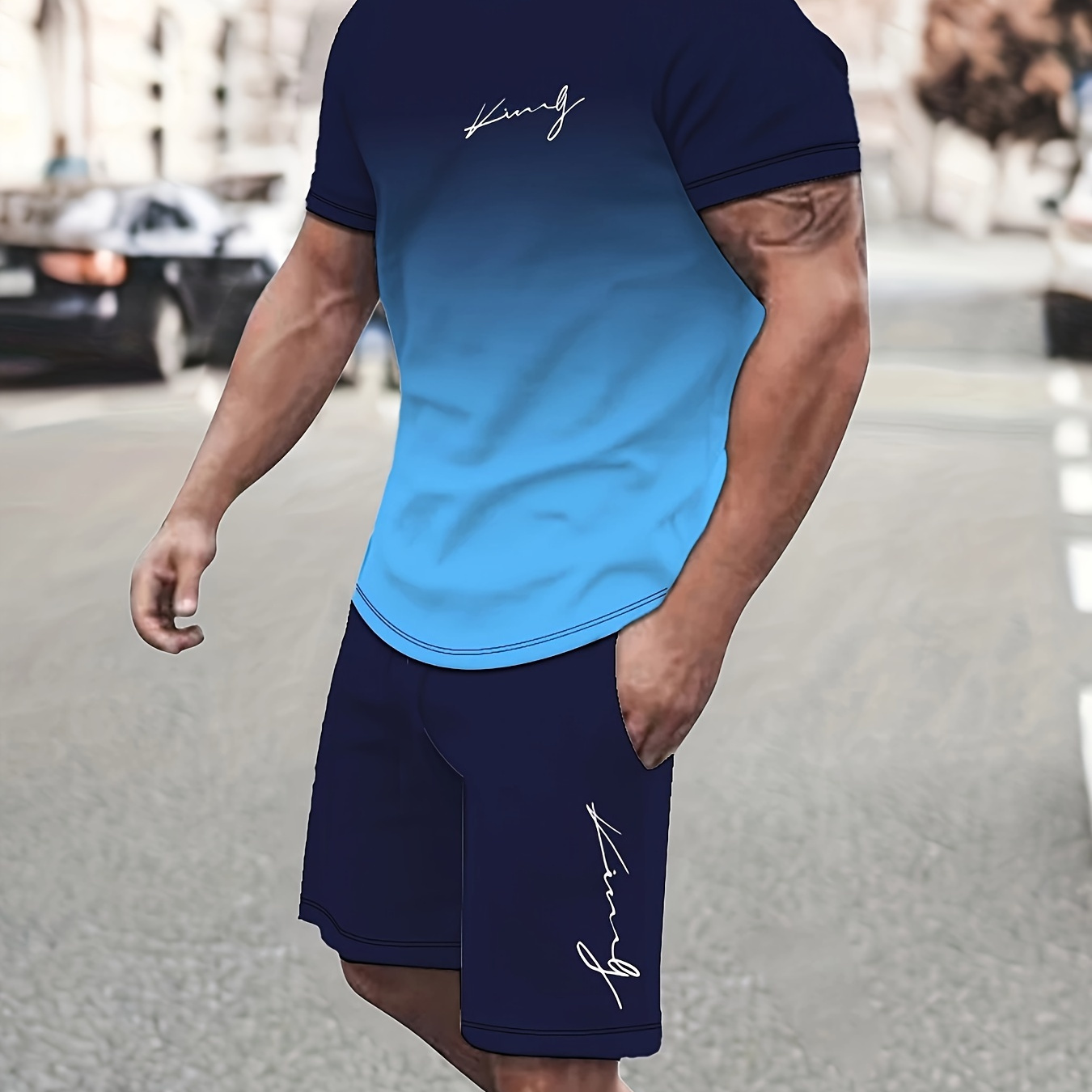 

Men's Outfit, Gradient Color King Graphic Print Casual Crew Neck Short Sleeve T-shirt & Drawstring Shorts 2-piece Set For Summer Outdoor Activities