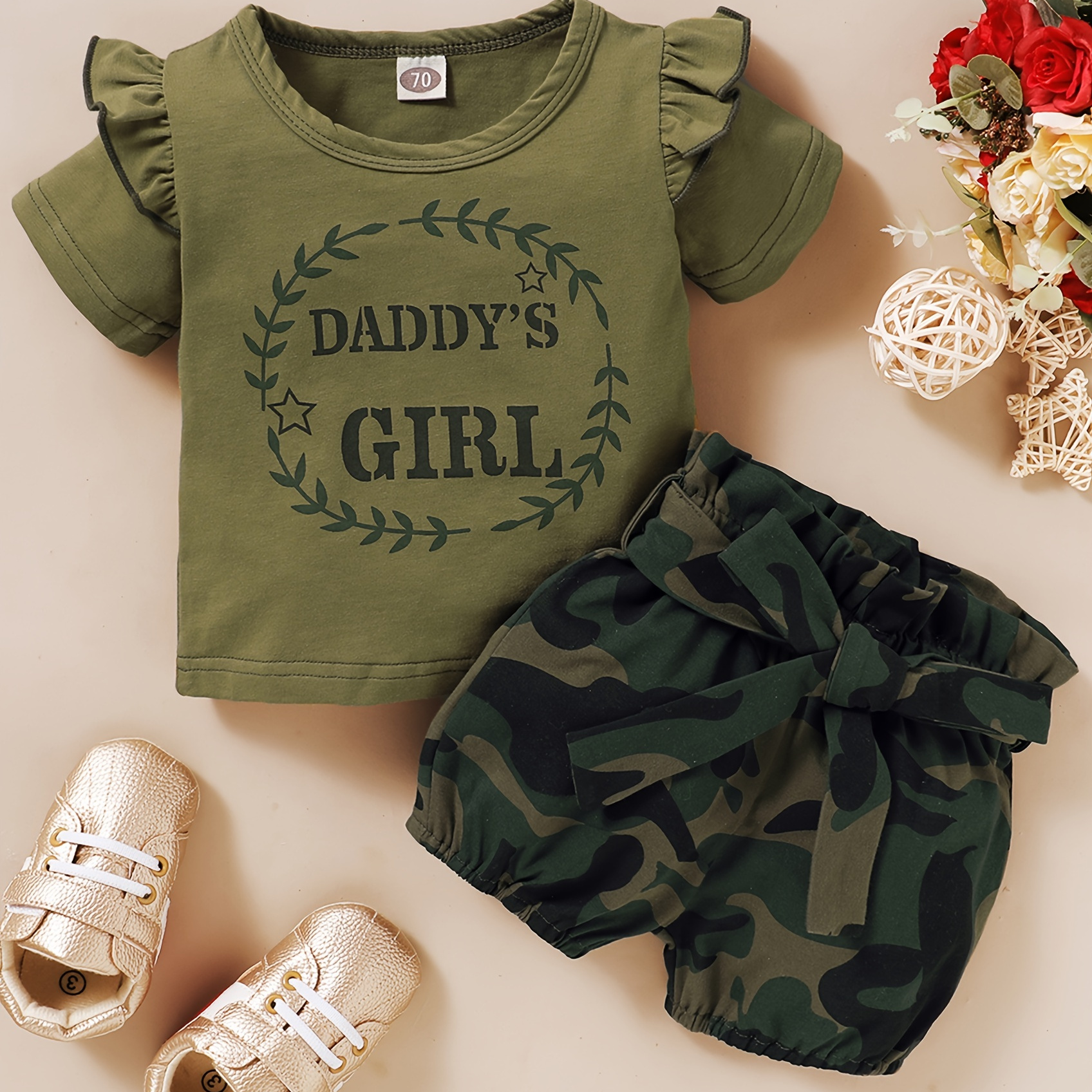 

2pcs Toddler's "daddy's Girl" Print Summer Set, T-shirt & Camouflage Pattern Shorts, Baby Girl's Clothing