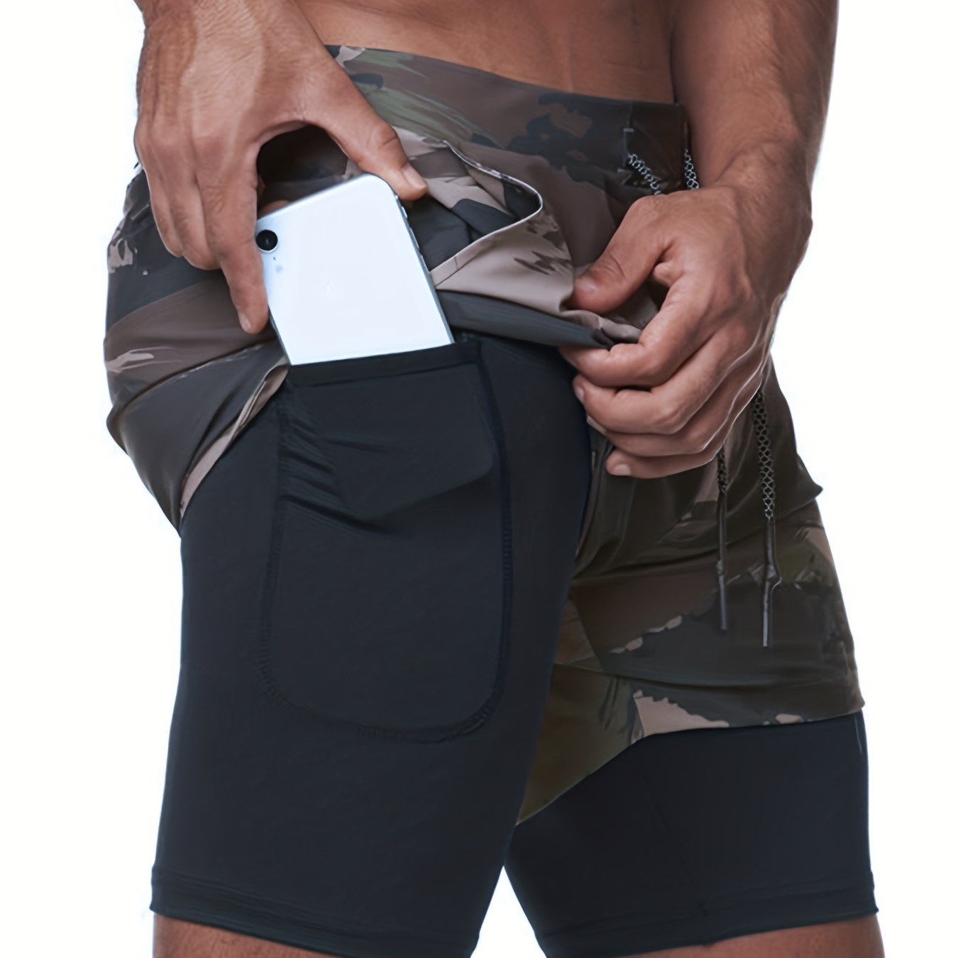 

Camouflage Gym Running Shorts For Men With Dual Layers, Pockets, And Quick-dry Technology