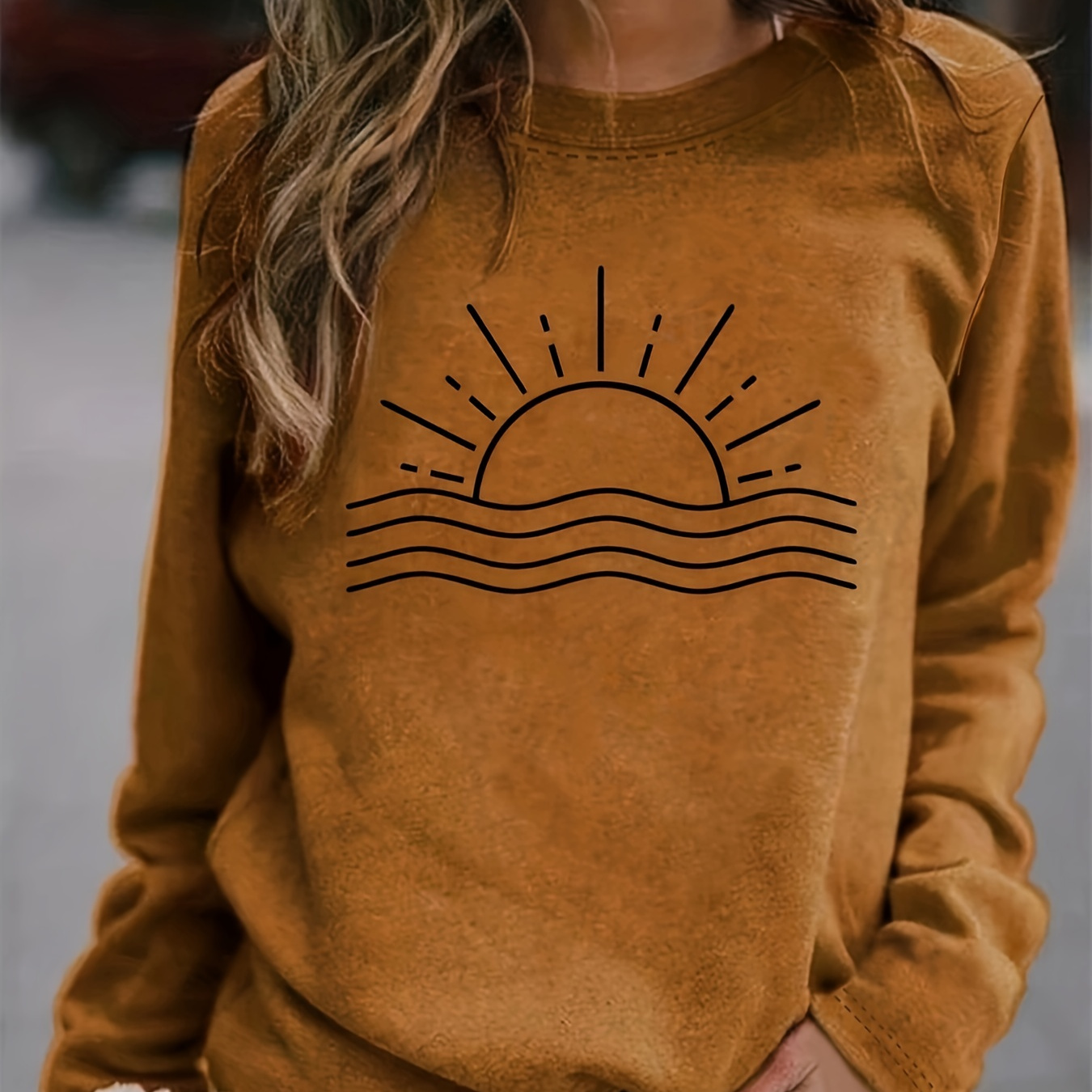 

T-shirt à col rond imprimé coucher de soleil, haut décontracté à manches longues pour le printemps et l'automne, vêtements pour femmes