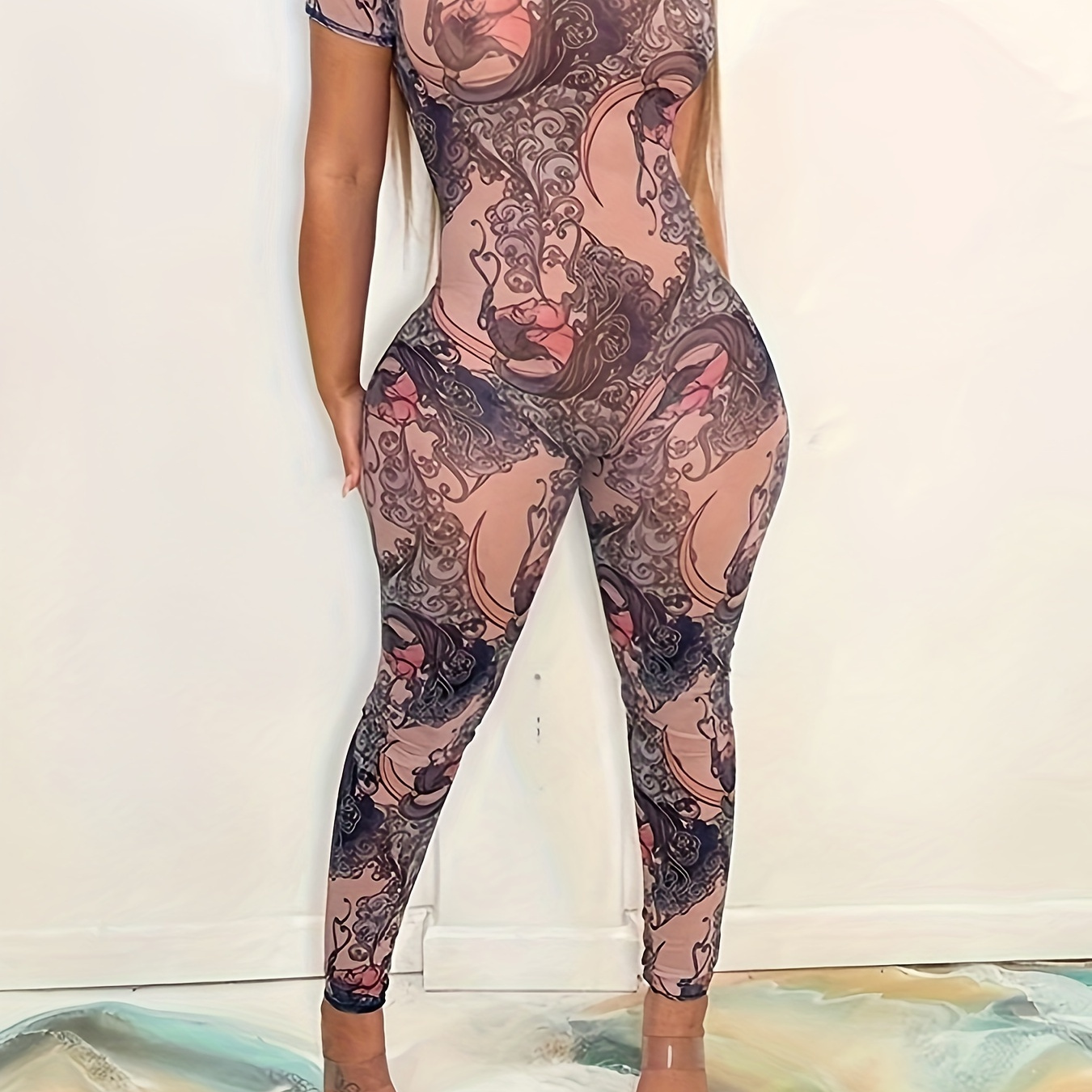 

Trendy Personalized High Street Tight Sexy Hot Cool Women's Thin Full Body Printed Backless Jumpsuit