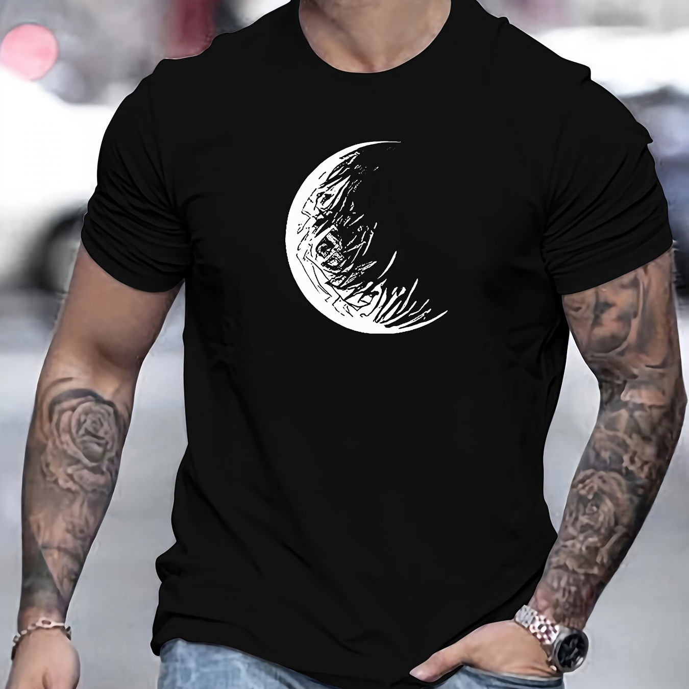 

Men's Cotton Crew Neck T-shirt With Moon Print Design | 100% Cotton Slight Stretch Fabric | Casual Summer Basic Tee With Regular Fit | Knit Solid Color Top For Adults