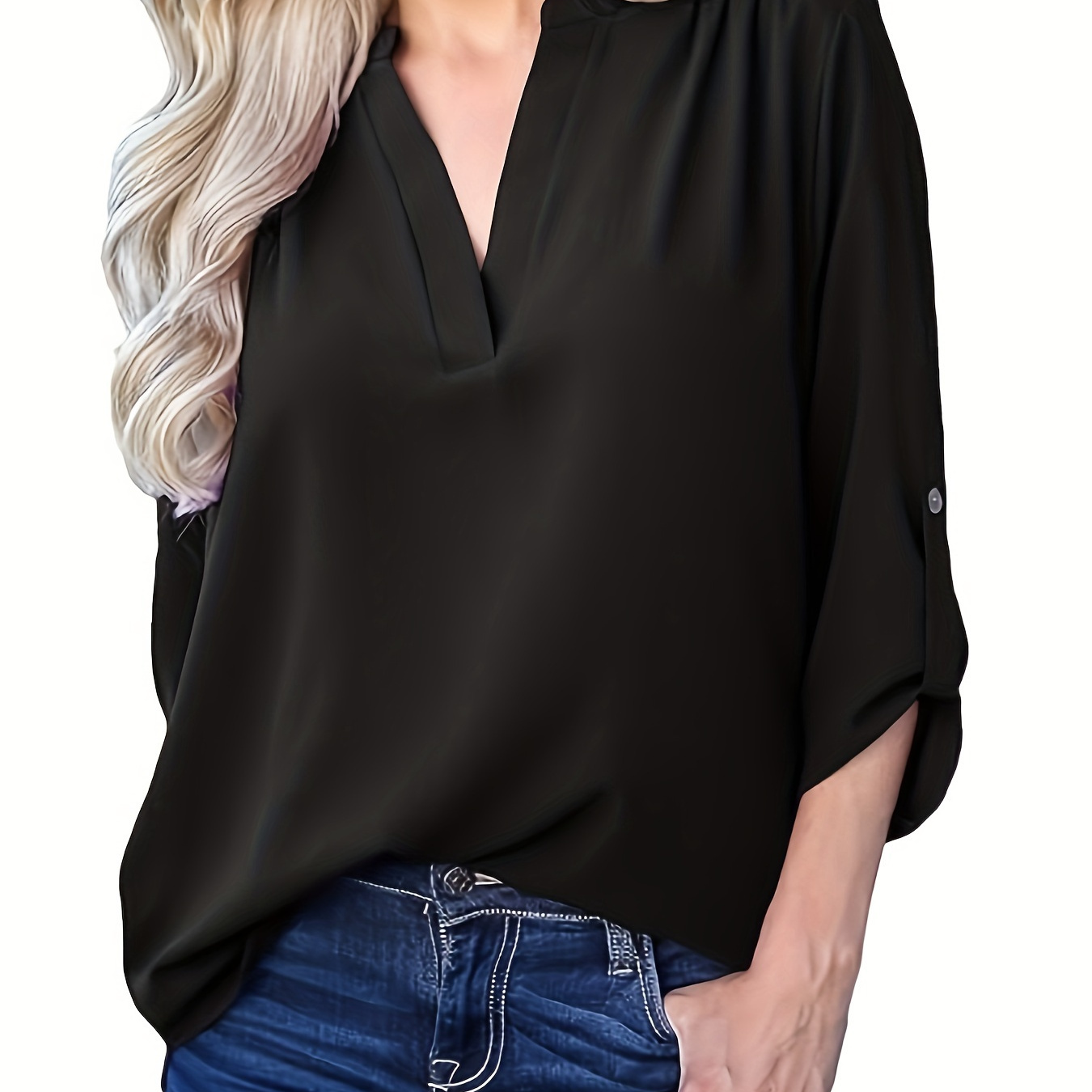 

Solid Color Notched Neck T-shirt, Elegant Ruched Button Decor Long Sleeve T-shirt For Every Day, Women's Clothing