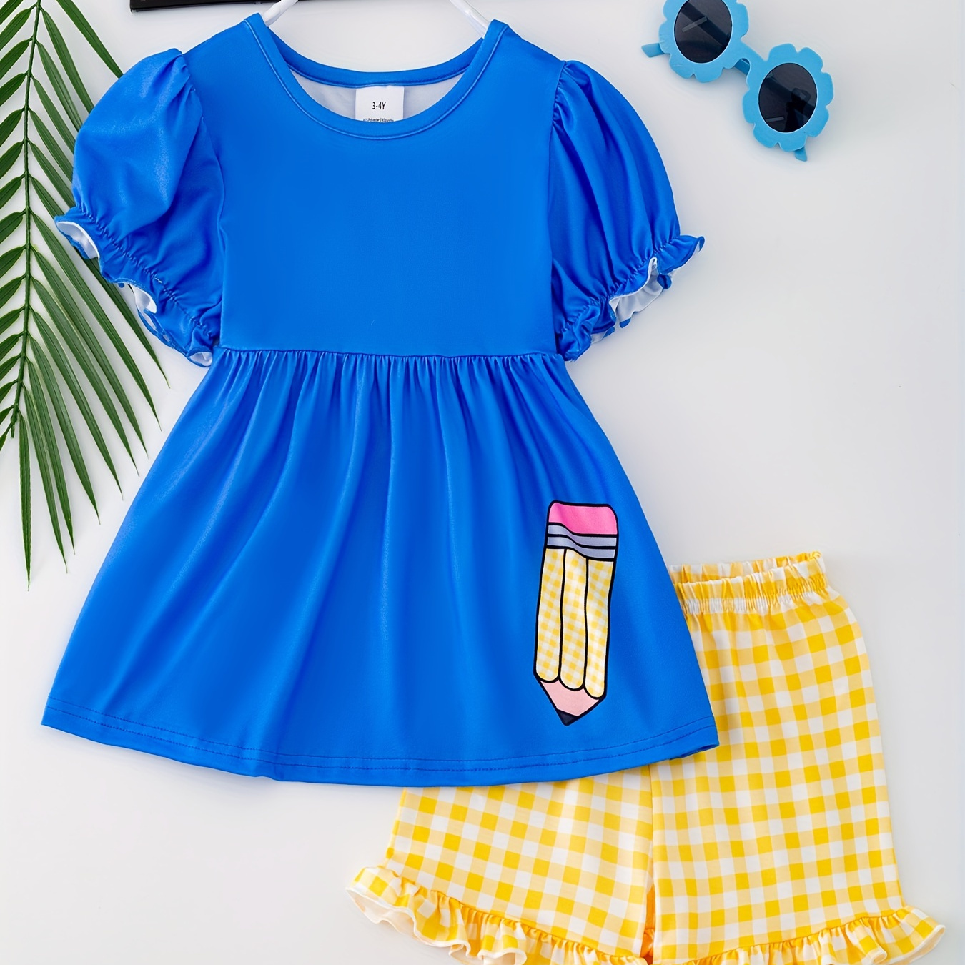 

School Girls 2-piece Pencil Print Lantern Sleeve Top + Plaid Shorts Set For Summer Leisure