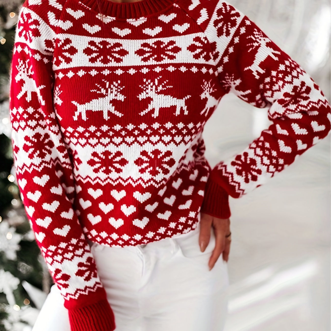 

Christmas Pattern Crew Neck Pullover Sweater, Casual Long Sleeve Sweater, Women's Clothing