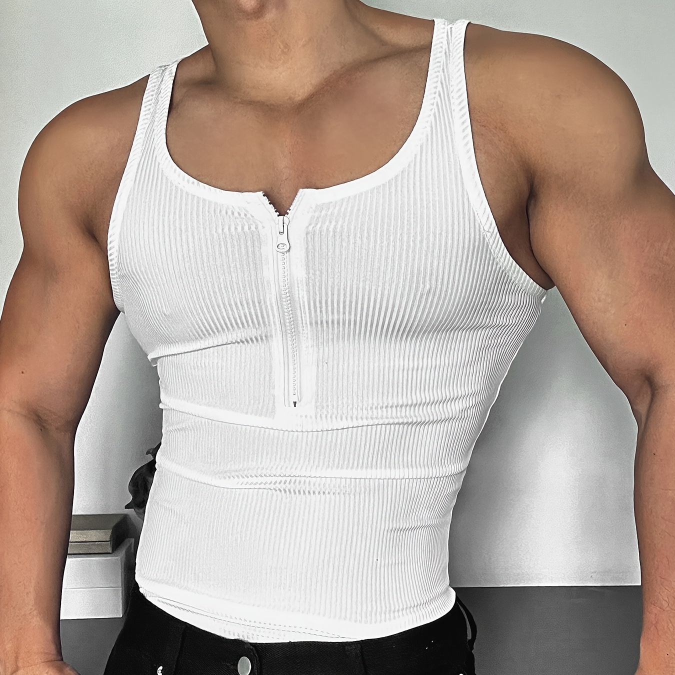 

[versatile Clothing] Men's Sleek Stretch Tank Top With Zipper Detail - Casual, Ribbed Texture, High-elasticity Polyester Blend, Non-see-through, Wear,