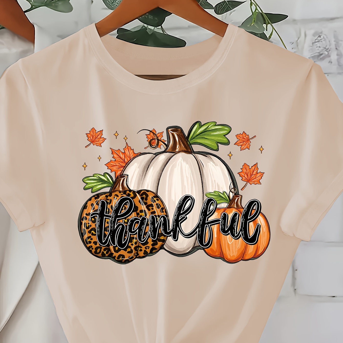 

Pumpkin And Autumn Leaves Applique Women's Casual T-shirt, Polyester Spandex Blend, Crew Neck, Regular Length, Knit Fabric, Short Sleeve Summer Top