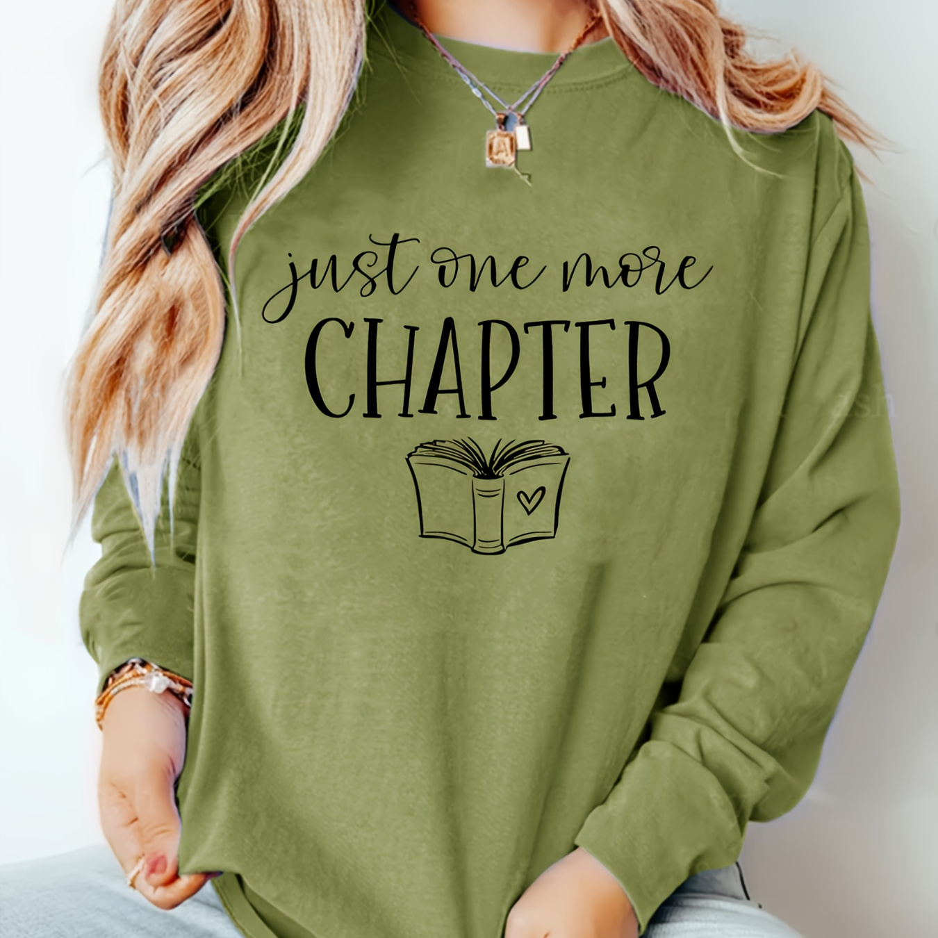 

just 1 More Chapter" Graphic Print Long Sleeve T-shirt For Women - Casual, Round Neck, Polyester Blend, All Seasons, No Detail, Knit Fabric