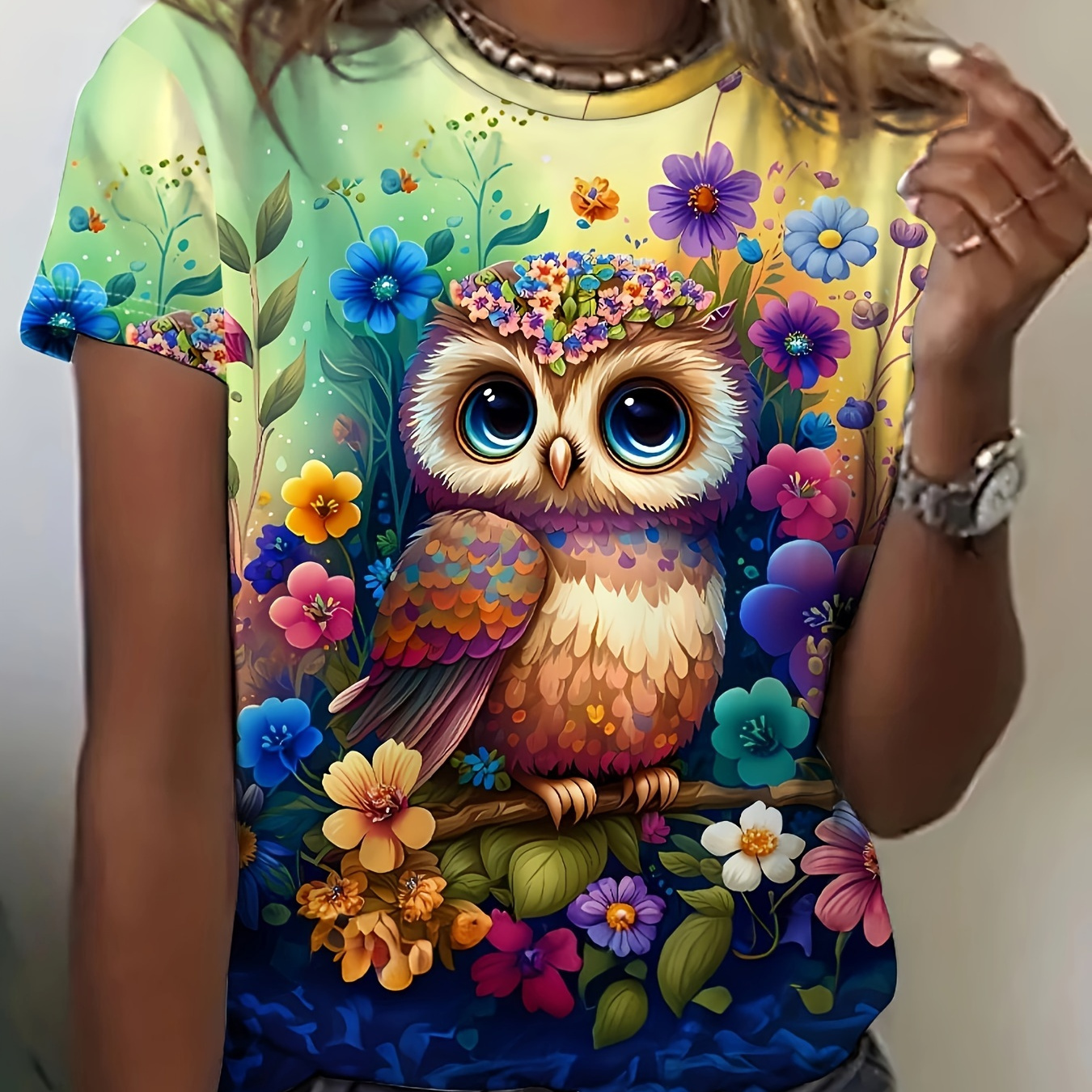 

Owl & Floral Print T-shirt, Casual Crew Neck Short Sleeve Top For , Women's Clothing