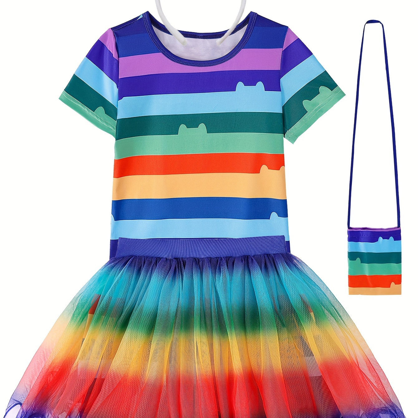 

Girls 4pcs Rainbow Stripped Outfits, T-shirt + Tutu Skirt (random Color) + Bag + Car Ears Headband Set For Carnival Party Gift Mardi Gras