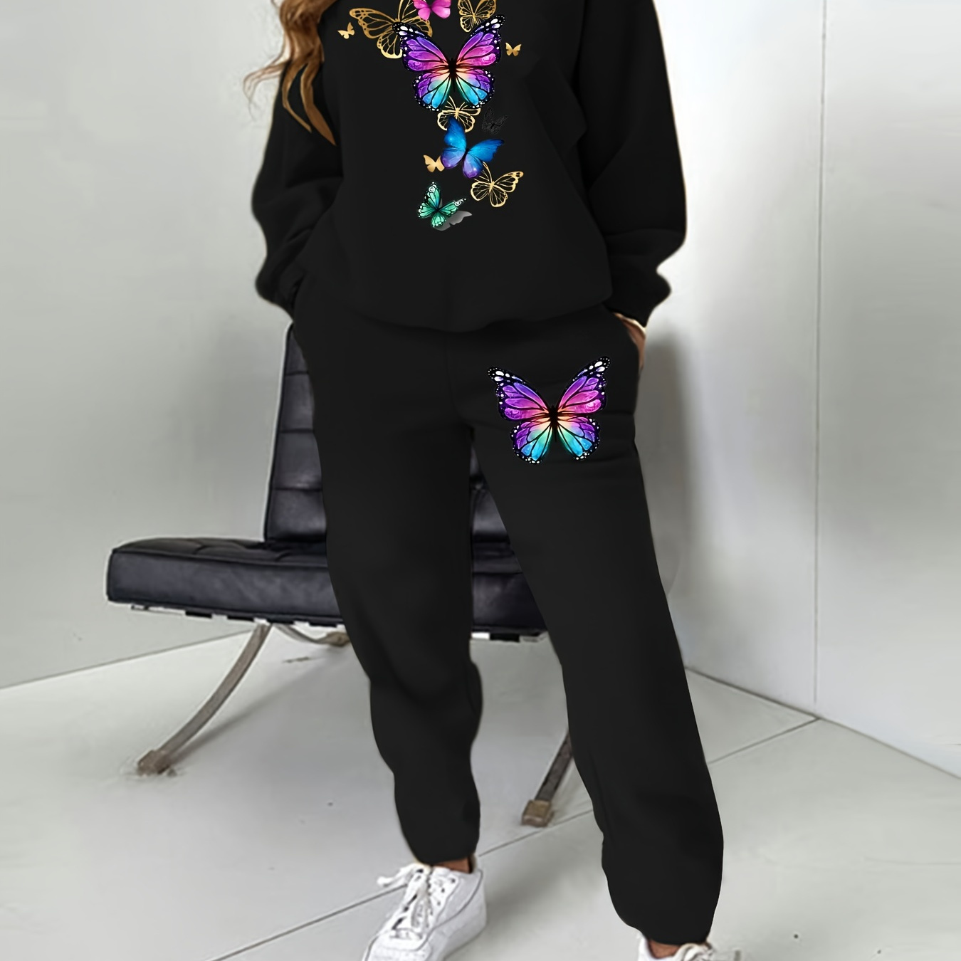 

Butterfly Print Pantsuits, Casual Crew Neck Long Sleeve Sweatshirt & Fitted Bottom Pants Outfits, Women's Clothing