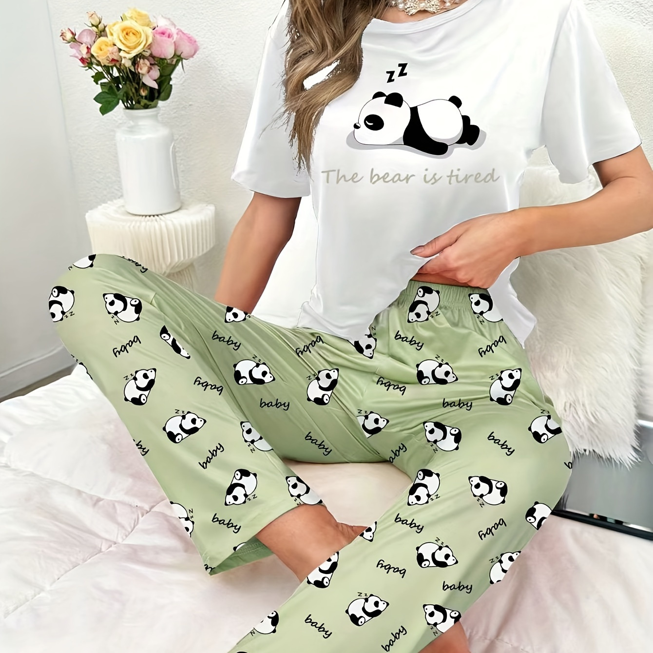 

Cute Panda & Slogan Print Pajama Set, Short Sleeve Round Neck Top & Elastic Pants, Women's Sleepwear