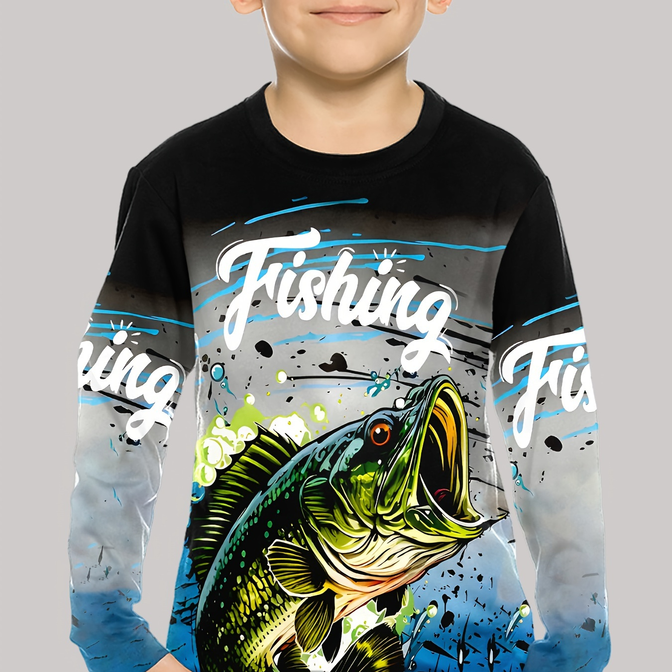 

Boys' 3d Fishing Graphic Long Sleeve T-shirt, Crew Neck Polyester Top, Casual Knit Fabric With Slight Stretch, Regular Fit For Spring/fall, Outdoor Sports Fashion, Gift-ready