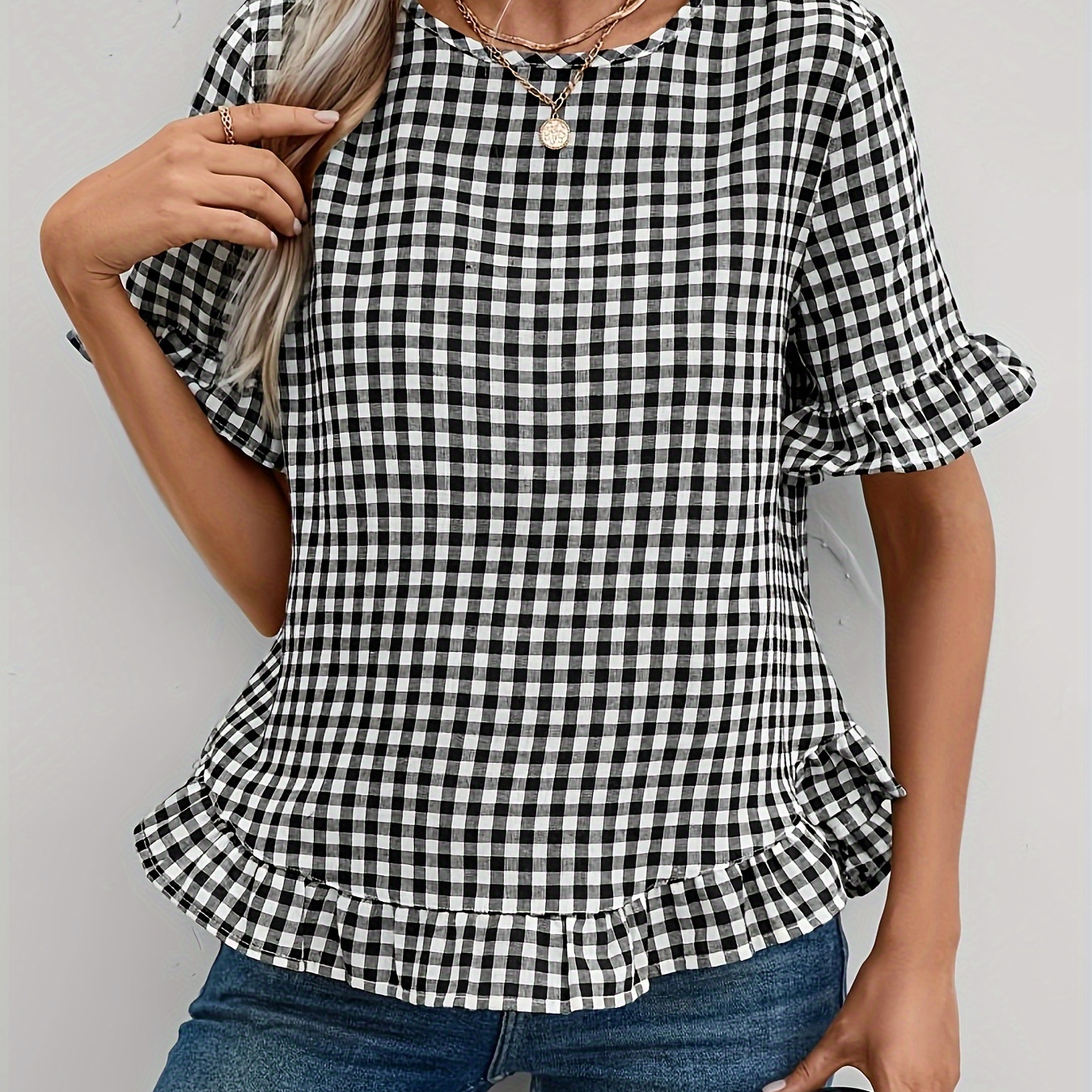 

Plaid Print Crew Neck Blouse, Casual Ruffle Cuff Short Sleeve Blouse For Spring & Summer, Women's Clothing