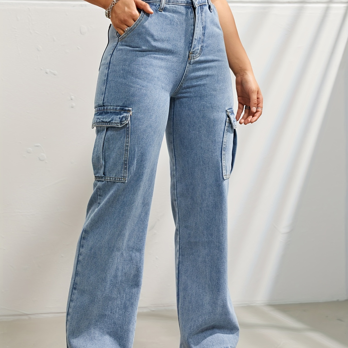 

Pantalon cargo en denim taille haute à poche à rabat latéral, jeans cargo à poche slash décontractés légèrement lavés, Kpop Y2K, jeans et vêtements en denim pour femmes
