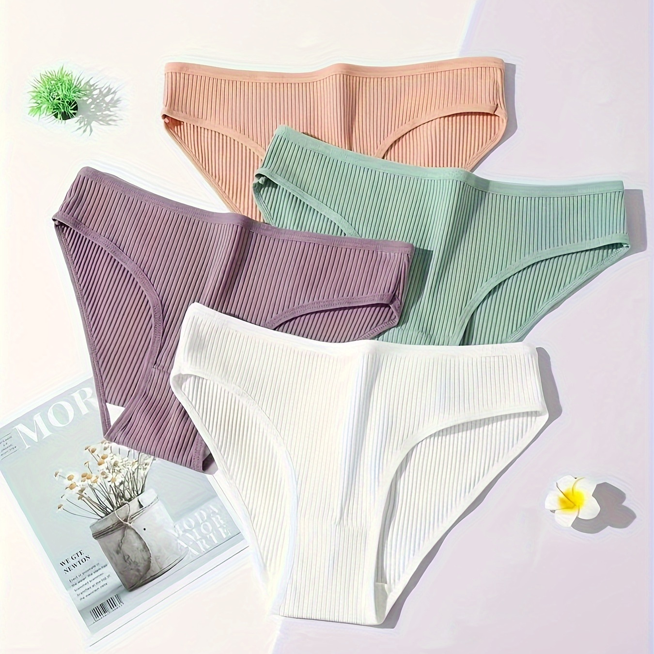 

4pcs Solid Ribbed Briefs, Comfy Breathable Stretchy Intimates Panties, Women's Lingerie & Underwear