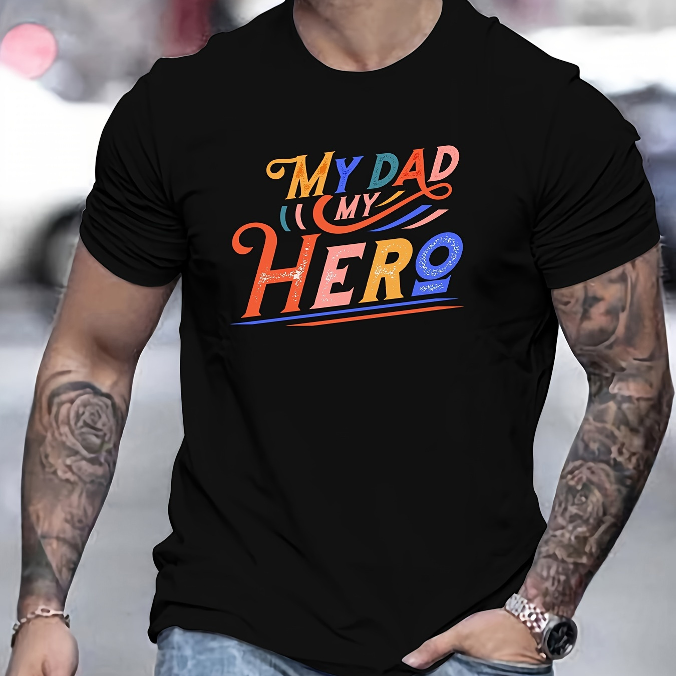 

My Dad My Hero Print, Men's Round Crew Neck Short Sleeve, Simple Style Tee Fashion Regular Fit T-shirt, Casual Comfy Top For Spring Summer Holiday Leisure Vacation Men's Clothing As Gift Father's Day