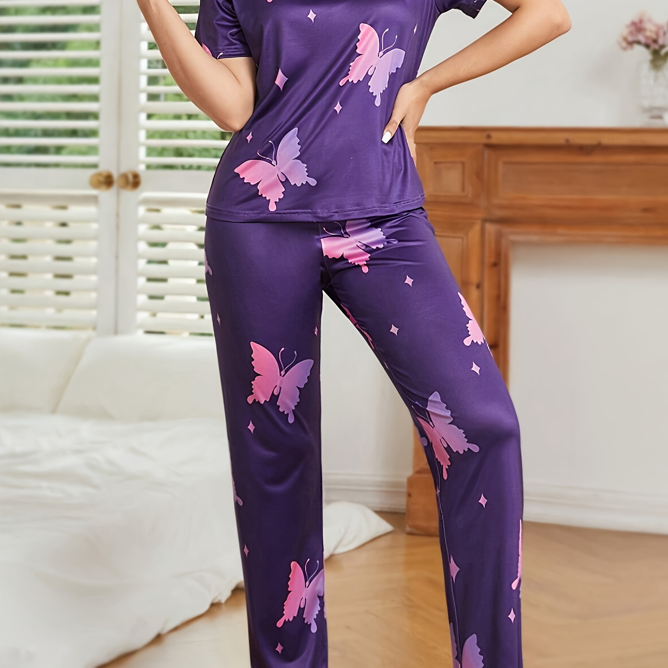 

Women's Ombre Butterfly Print Pajama Set, Short Sleeve Round Neck Top With Elastic Waistband Pants, Casual Style Sleepwear Lounge Set