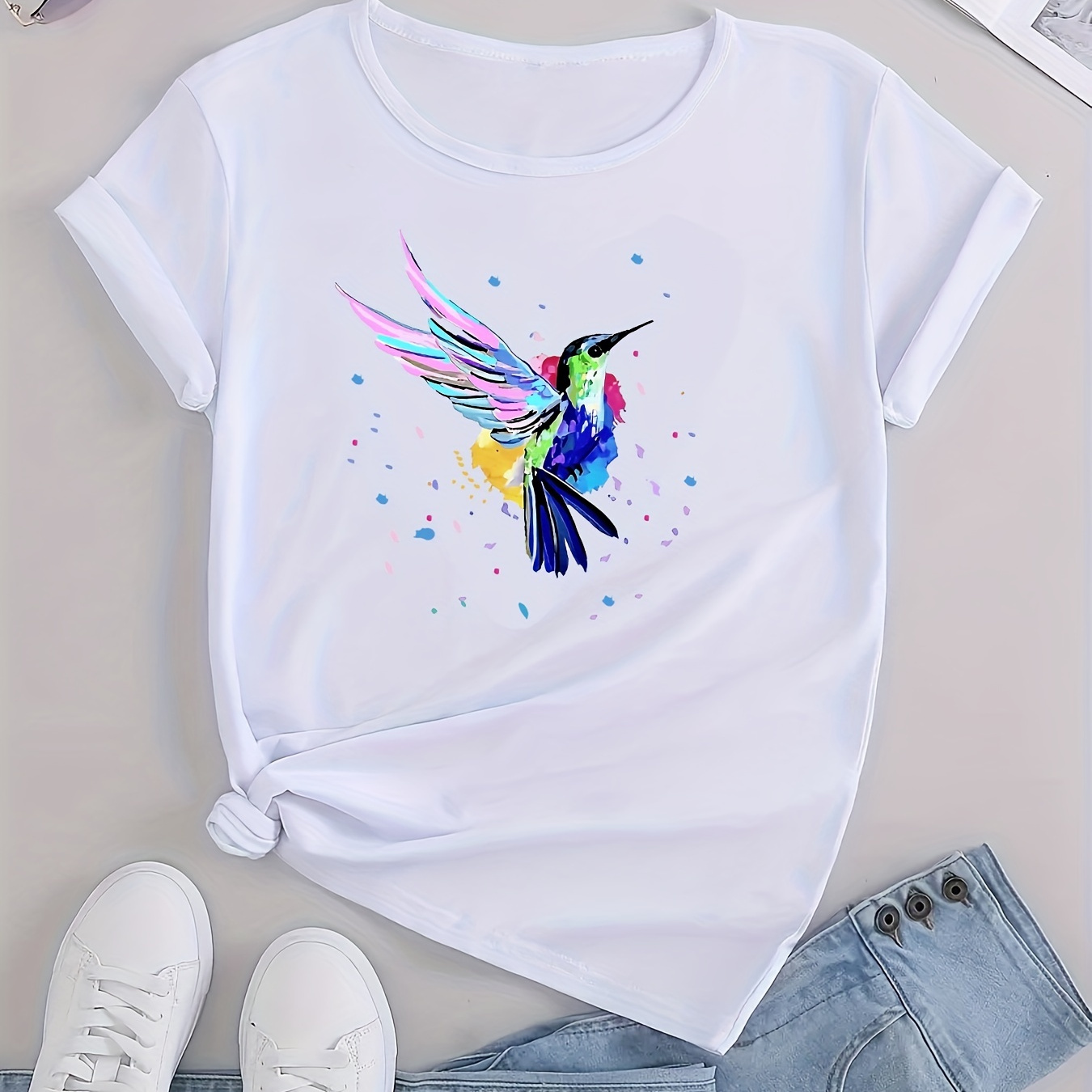 

Fashion Cute Birds Graphic Sports Short Sleeve T-shirts, Print Casual Sports Slim Tops For Running, Women's Summer Tops
