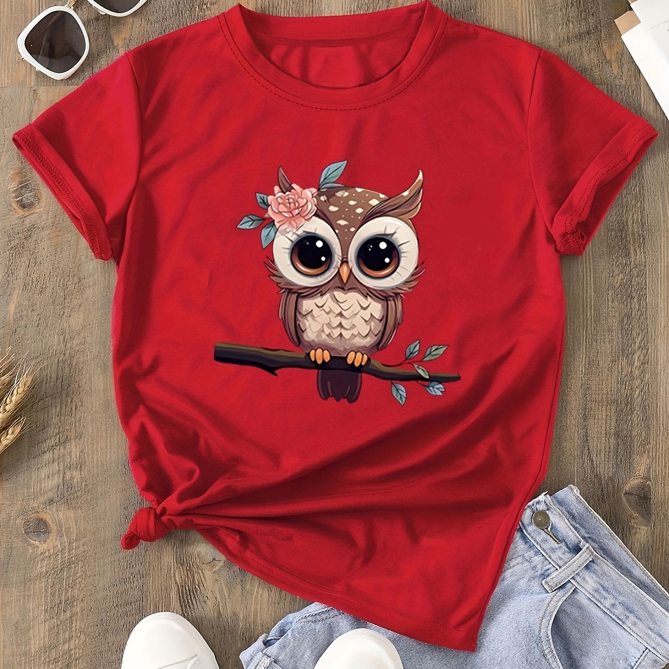 

Cartoon Owl Print T-shirt, Short Sleeve Crew Neck Casual Top For Summer & Sprng, Women's Clothing