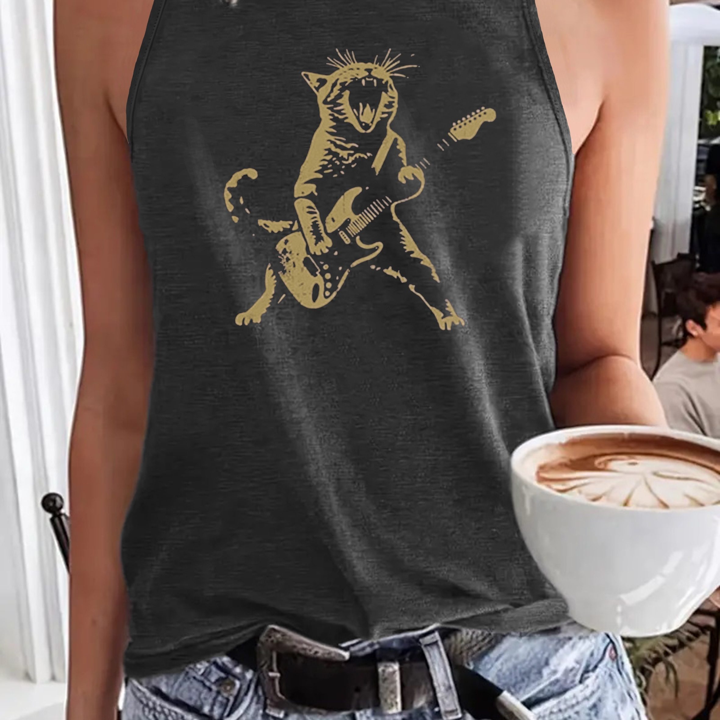 

Cat Print Crew Neck Tank Top, Casual Sleeveless Top For Spring & Summer, Women's Clothing