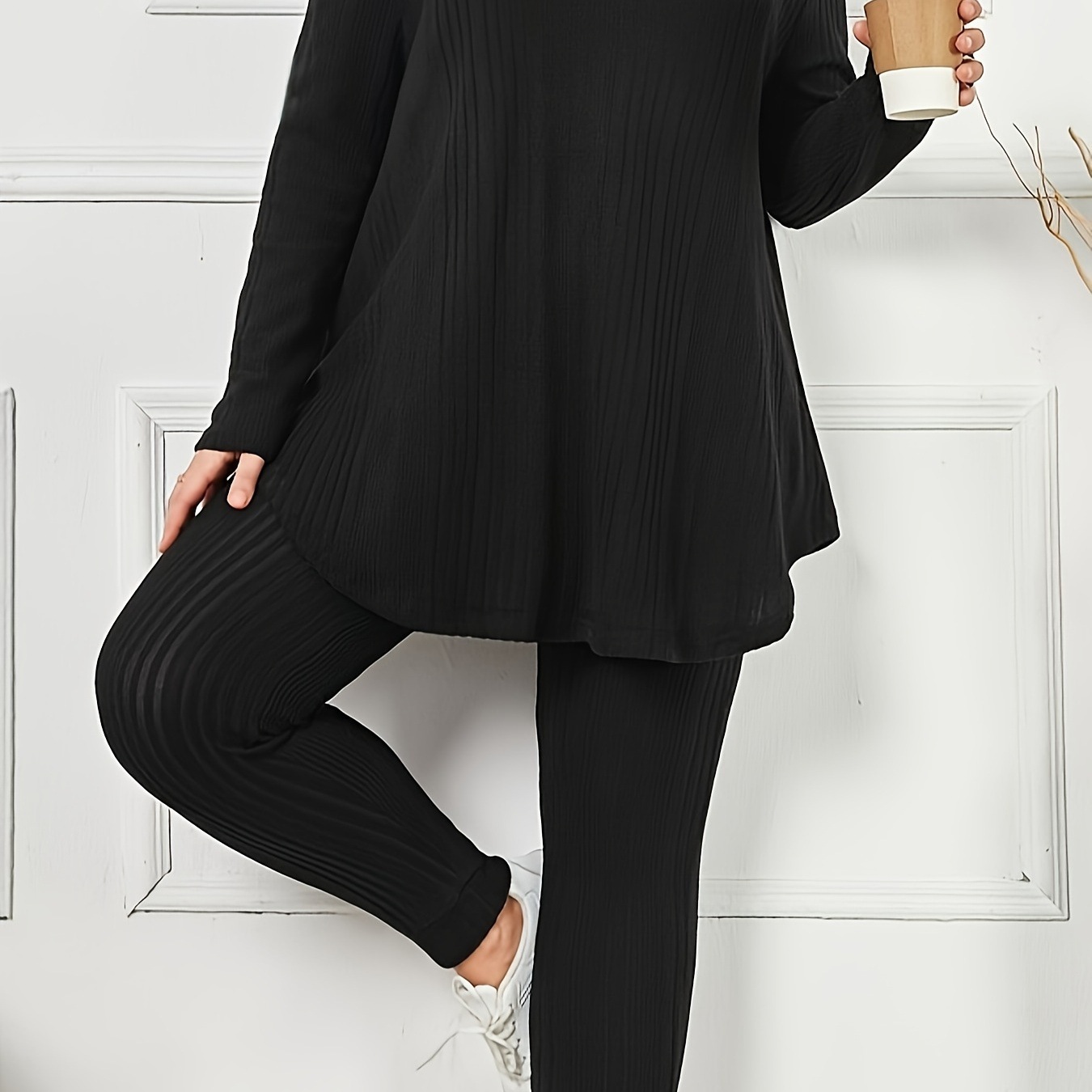 

Women's Plus Size Solid Ribbed Lounge Set, Casual Style, Long-sleeve, Cozy Homewear Outfit For Fall/winter