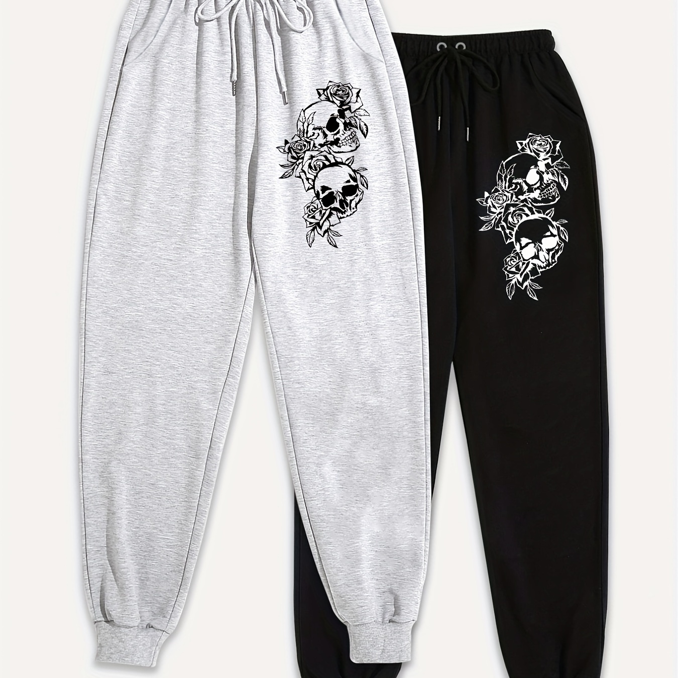 

2 Pieces Skull Print Sweatpants, Casual Drawstring Waist Jogger Pants For Spring & Fall, Women's Clothing