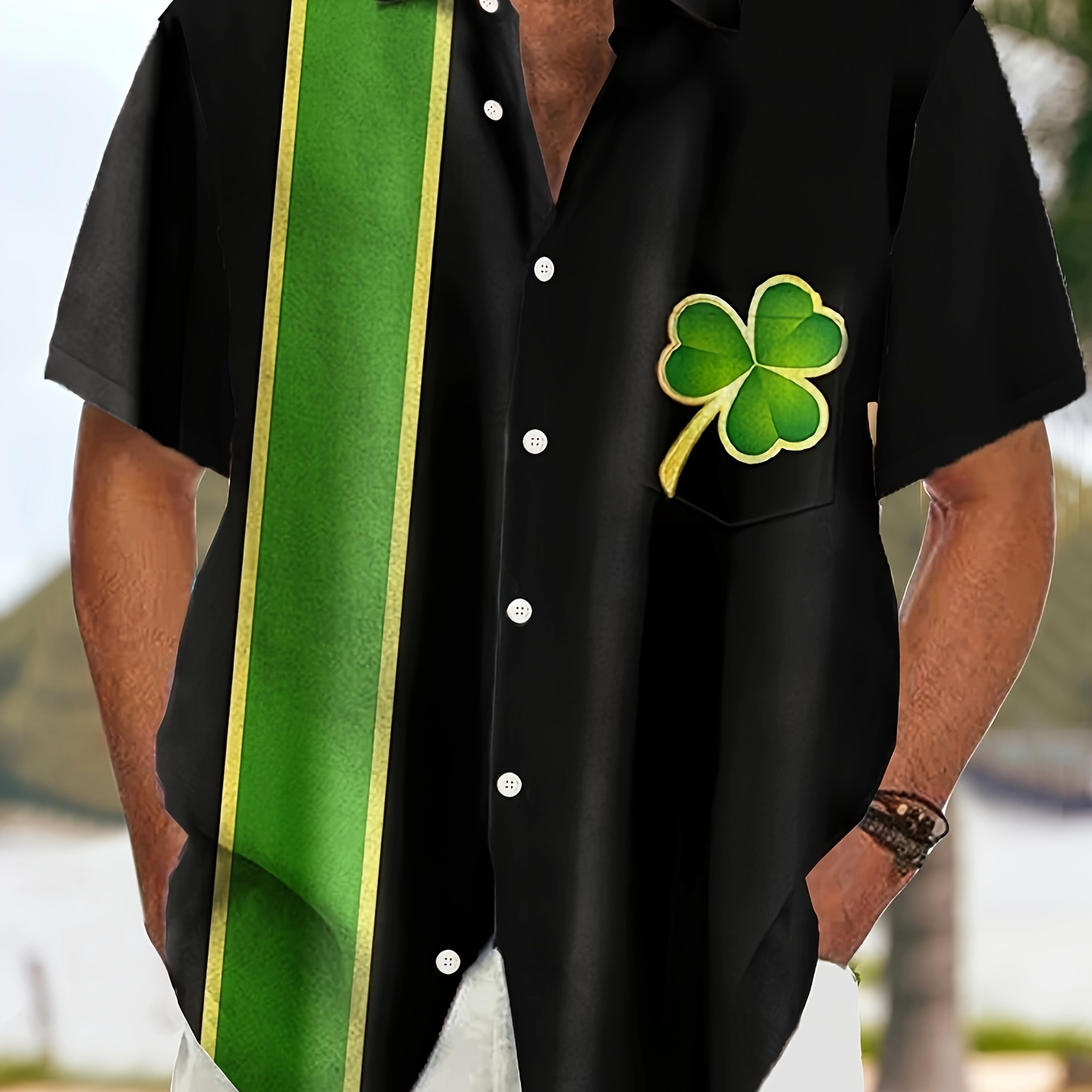 

Clover Print Men's Retro Color Block Short Sleeve Lapel Shirt, Summer Holiday, St. Patrick's Day Themed Clothing