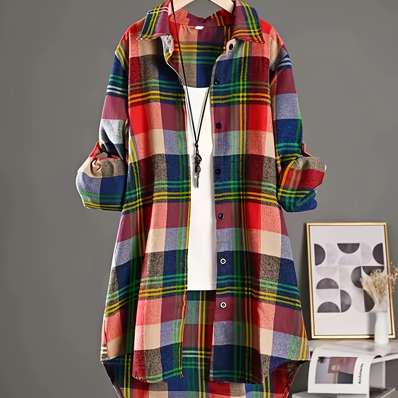 

Plus Size Plaid Print Button Front Shirt, Casual Long Sleeve Shirt For Spring, Women's Plus Size Clothing