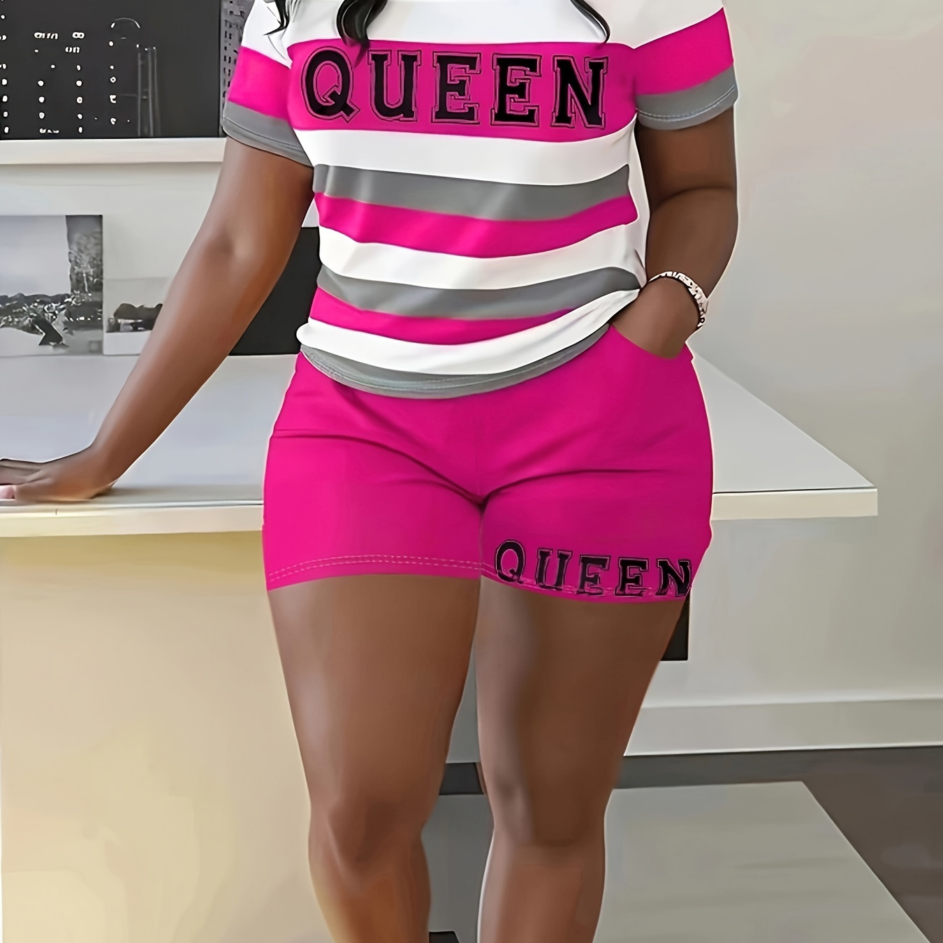 

Queen Print Casual 2 Piece Set, Color Block Crew Neck Short Sleeve T-shirt & Pocket Skinny Shorts Outfits, Women's Clothing
