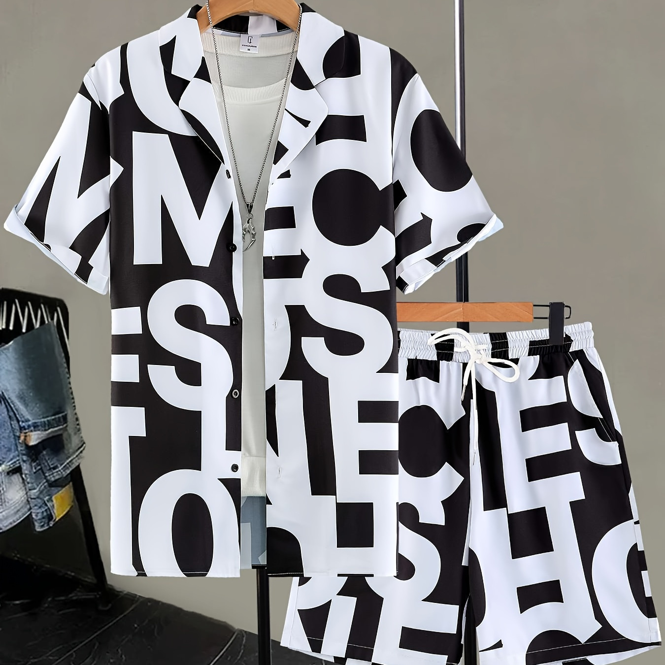 

Men's Black And White Letter Print Short Sleeve Shirt And Shorts Set, Casual Style Comfortable And Loose Pajama Set