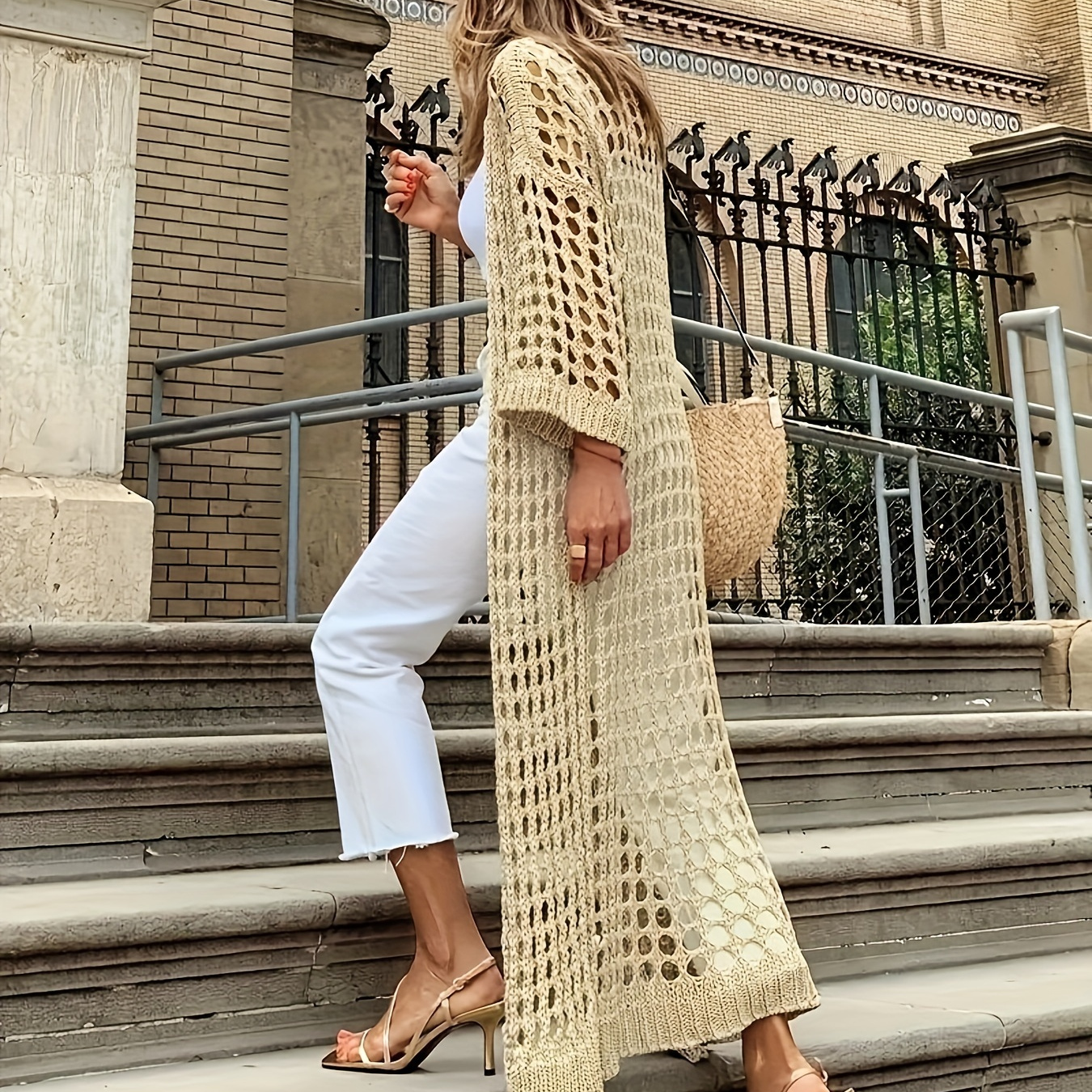 

Bohemian Style Women's Long Crochet Cardigan - Chic Loose Fit Open Front Shawl With Hollow-out Design, Versatile Summer Cover-up