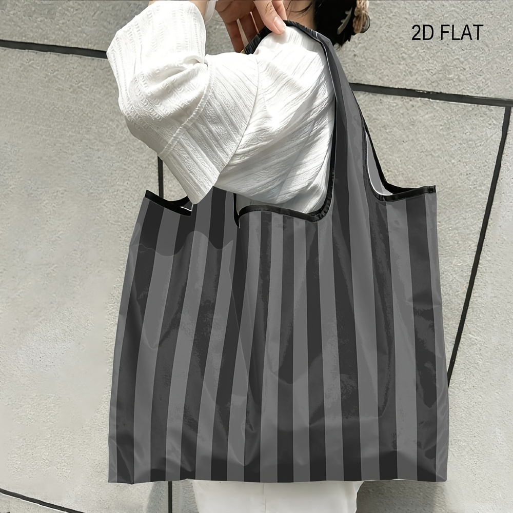 TEMU 1pc Zlienszus Dark Grey Vertical Stripe Tote Bag - Lightweight Foldable Reusable Shopping Bag With Solid Color, Compact Carry Bag Suitable For