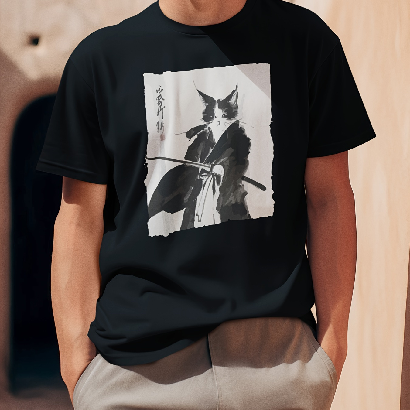 

Japanese Style Samurai Cat Graphic Print, Men's Round Neck Fashionable Casual Cotton T-shirt, Comfortable & Versatile, Breathable For Summer, Spring & Autumn