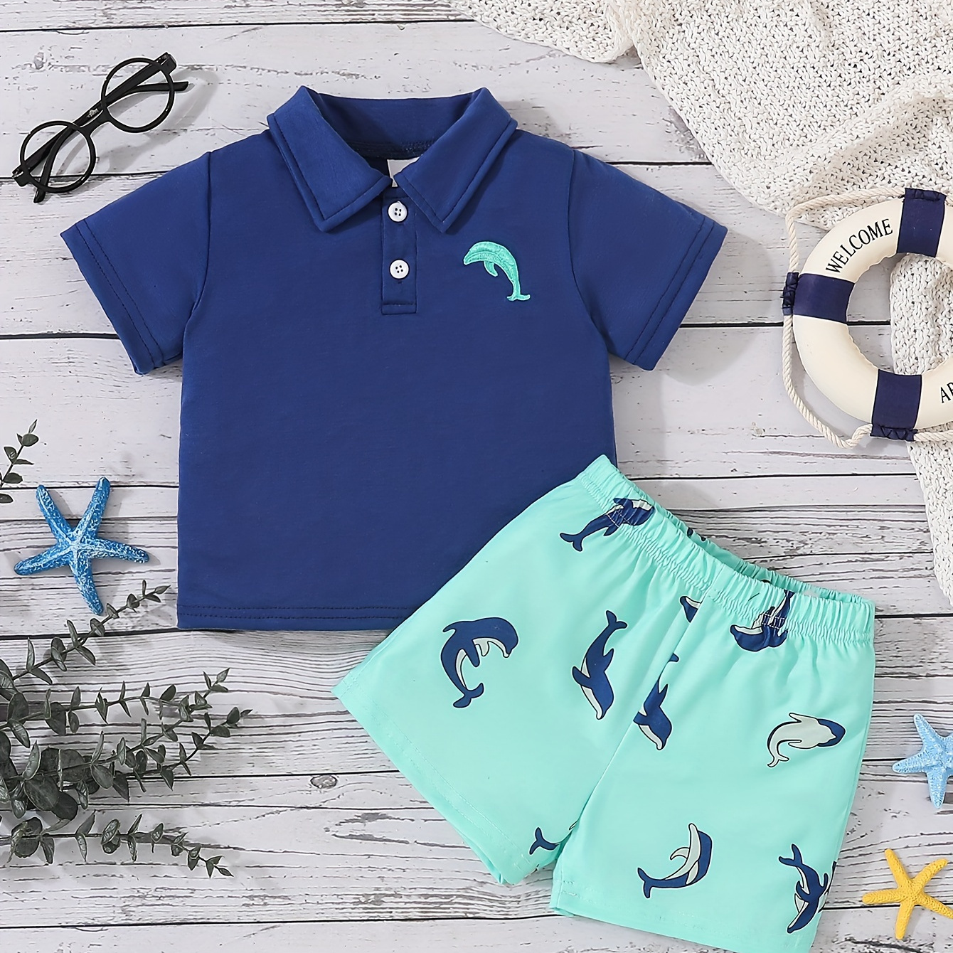 

2pcs Infant & Toddler's Dolphin Print Summer Outfit, Short Sleeve & Casual Dolphin All-over Print Shorts, Baby Boy's Clothes