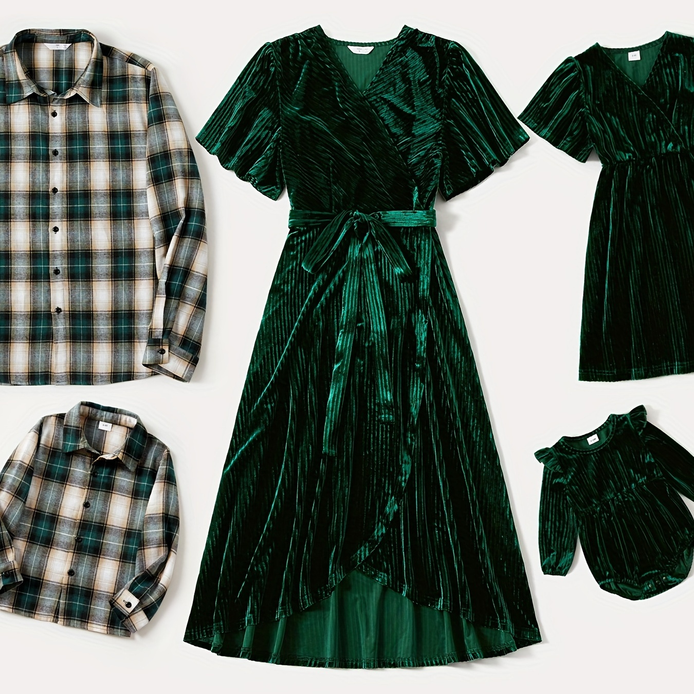 

Green Velvet Matching Family Outfits With Ruffle Sleeves And Plaid Shirts For Dad, Mom, Baby Girls, And Boys