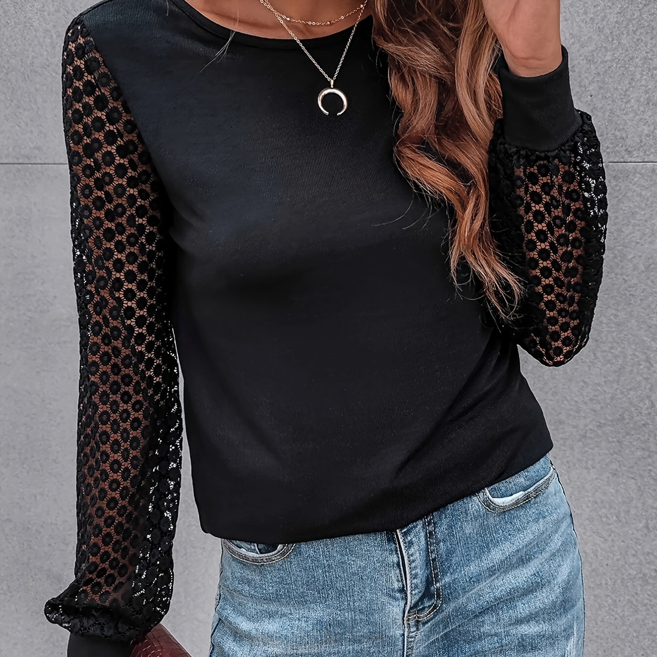 

Contrast Lace Crew Neck T-shirt, Casual Long Sleeve T-shirt For Spring & Fall, Women's Clothing