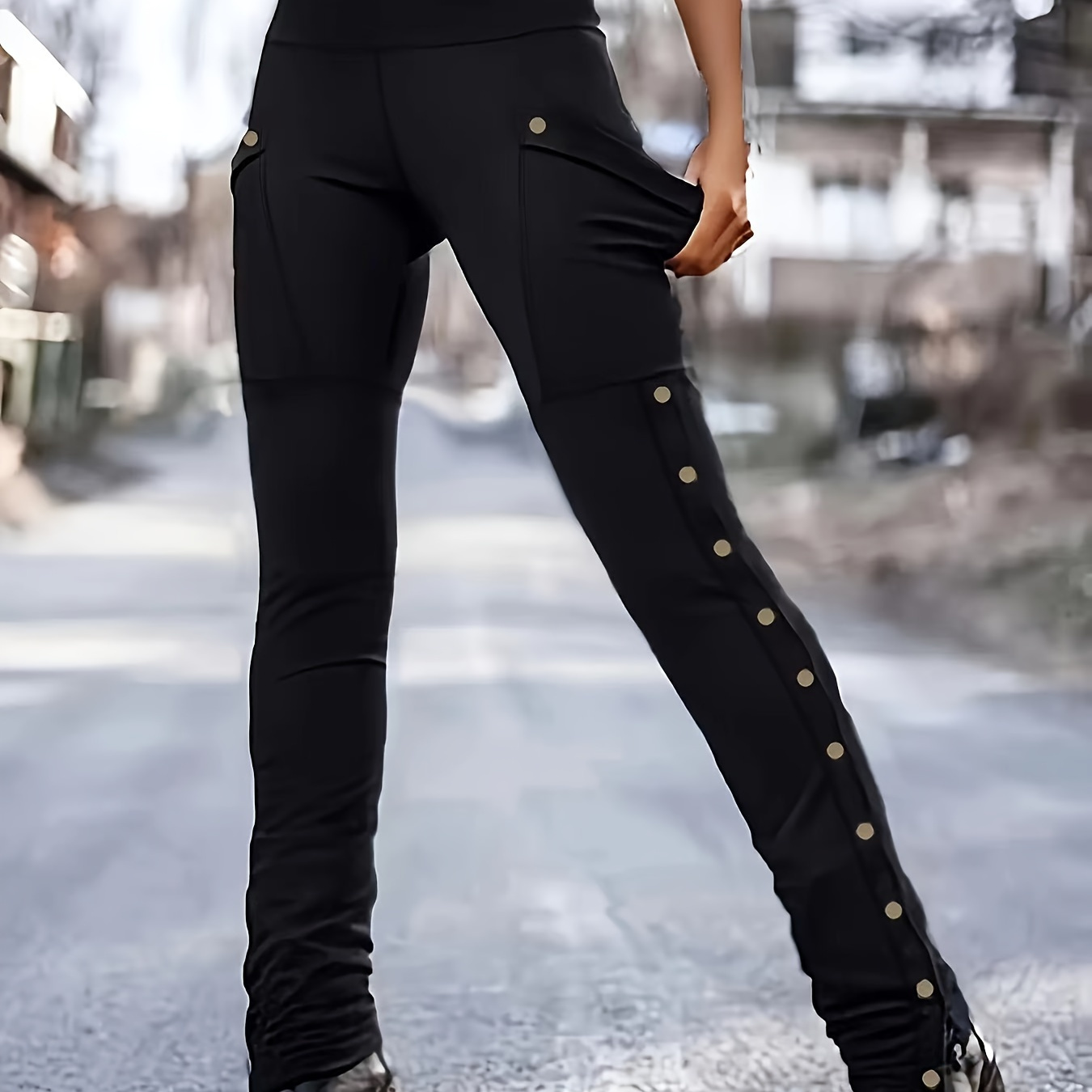 

Pocket Patched Button Side Pants, Gothic High Waist Hip-lifting Skinny Fit Pants For Spring & Summer, Women's Clothing