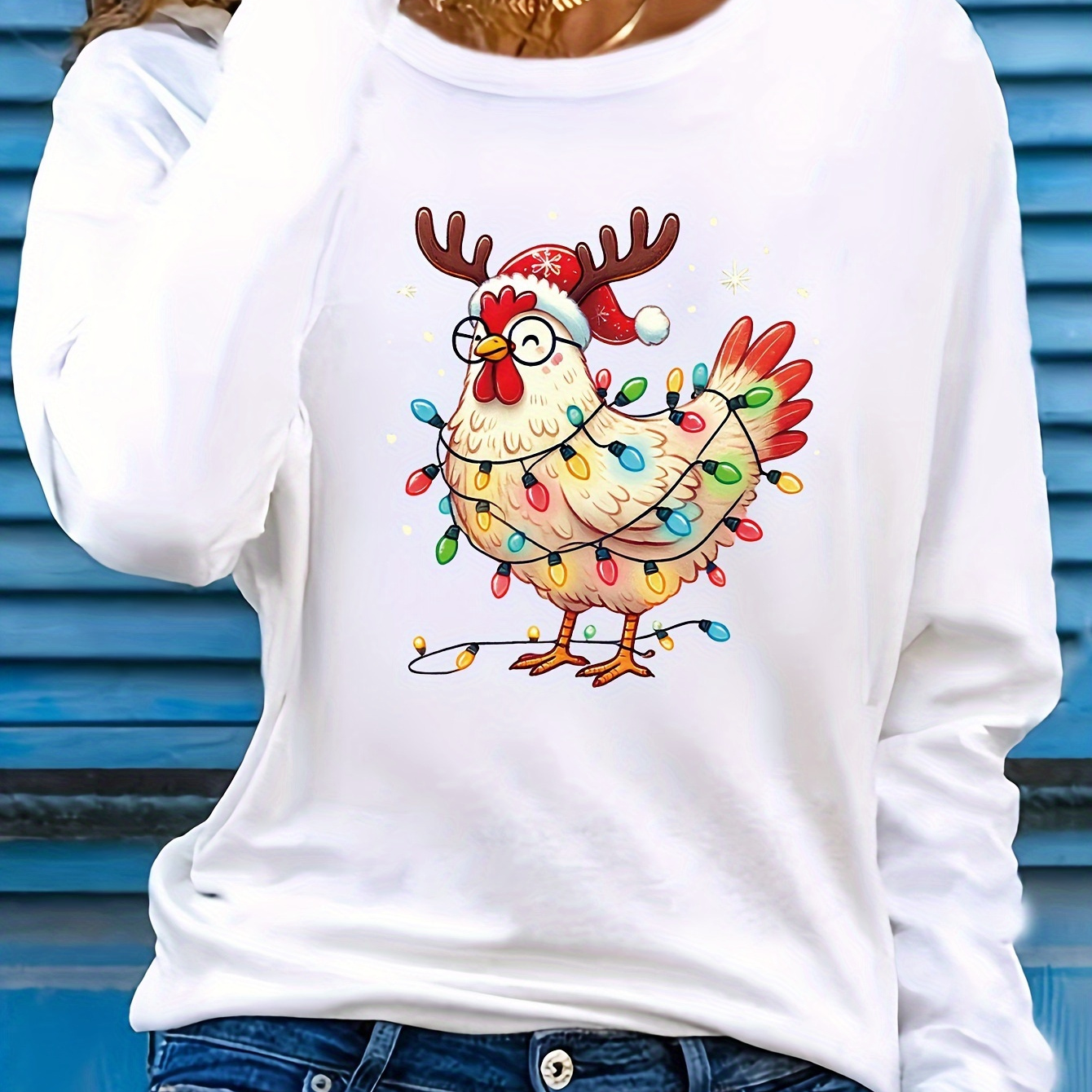 

Women's Christmas Rooster Graphic Tee, Long Sleeve Round Neck, Casual Polyester T-shirt, Regular Fit, Pullover, No Pads, All