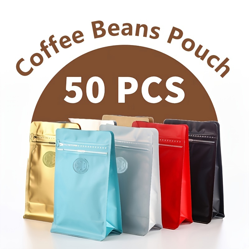 250g 8oz 1/2lb Kraft Paper Stand up Zipper Pouches Coffee Bags Coffee  Pouches with Valve (Pack of 50): Home & Kitchen 