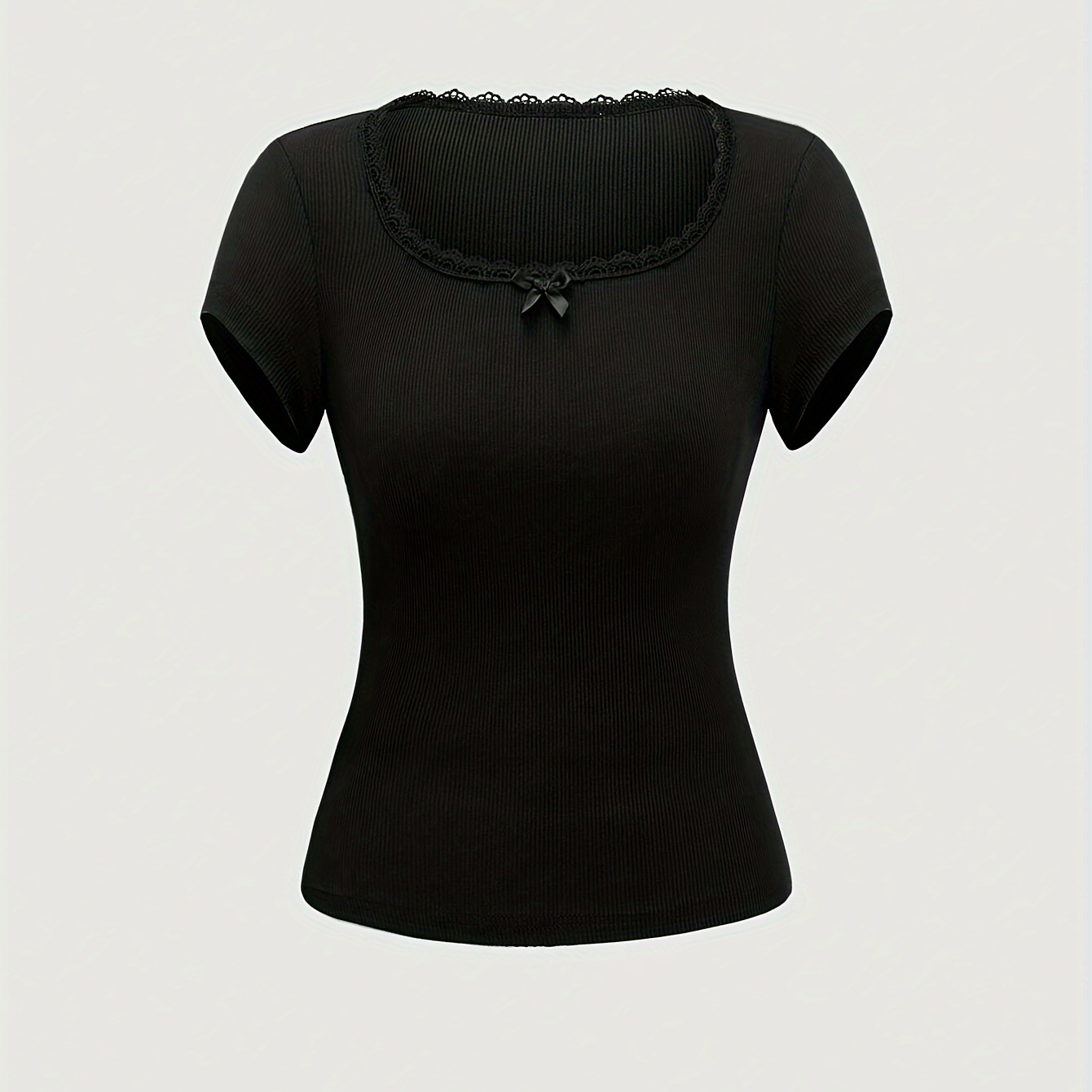 

Solid Lace Hem T-shirt, Casual Short Sleeve T-shirt For Spring & Summer, Women's Clothing