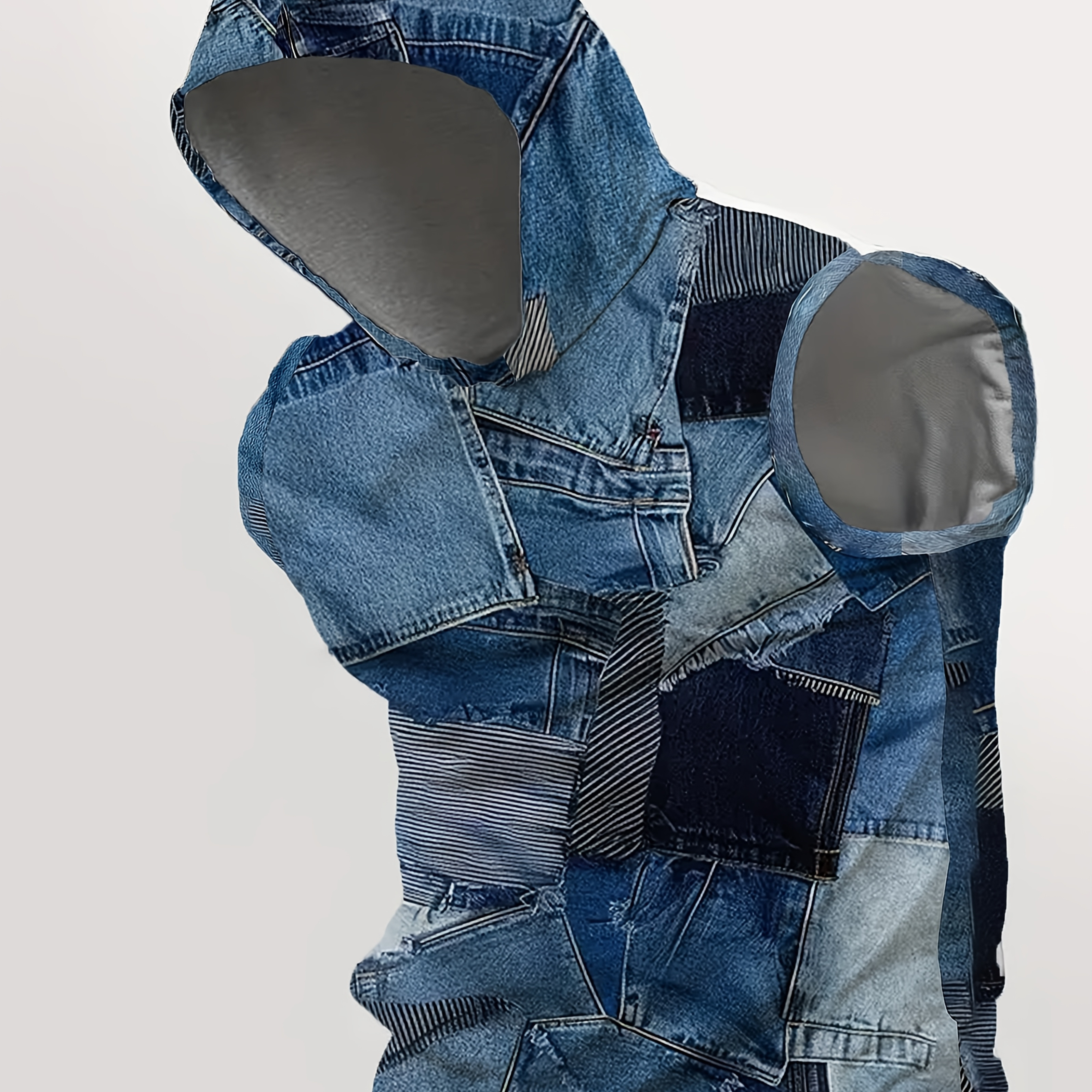 

Men's Casual Denim Patchwork Print Hooded Tank Top, Polyester & Spandex , Knit Fabric, Loose Fit, With Spliced Collar And Stretch, For Summer Sleeveless Shirt