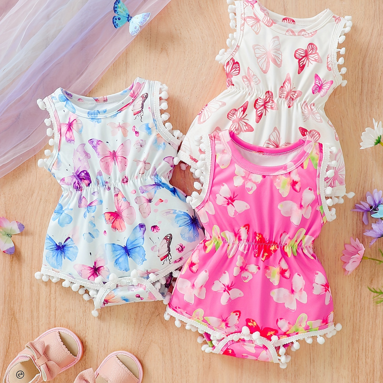 

3pcs Infant's Pom-pom Decor Floral Pattern Bodysuit, Casual Sleeveless Triangle Onesie, Baby Girl's Clothing