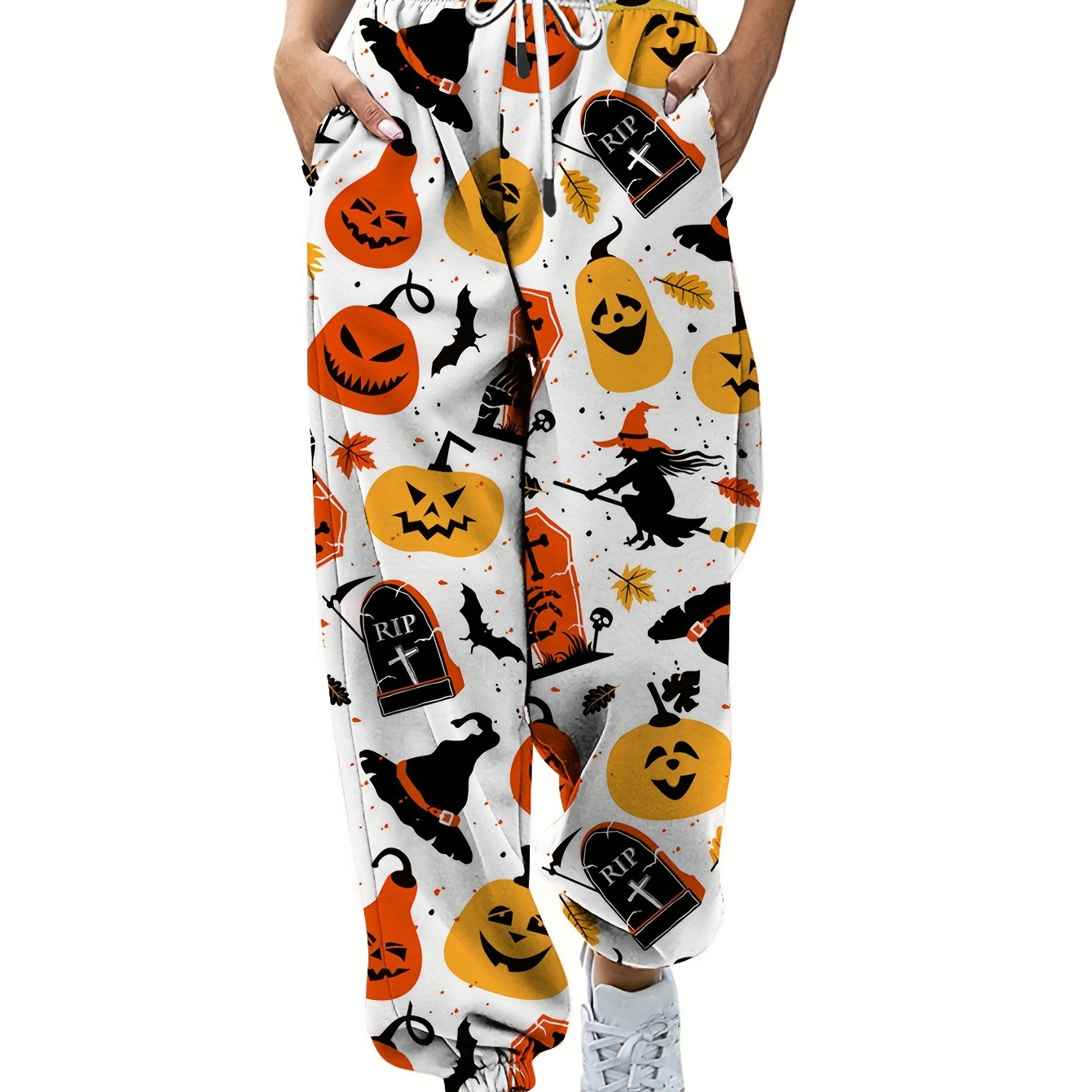 Pumpkin Print Halloween Pants, Casual Drawstring Elastic Waist Pants, Women's Clothing