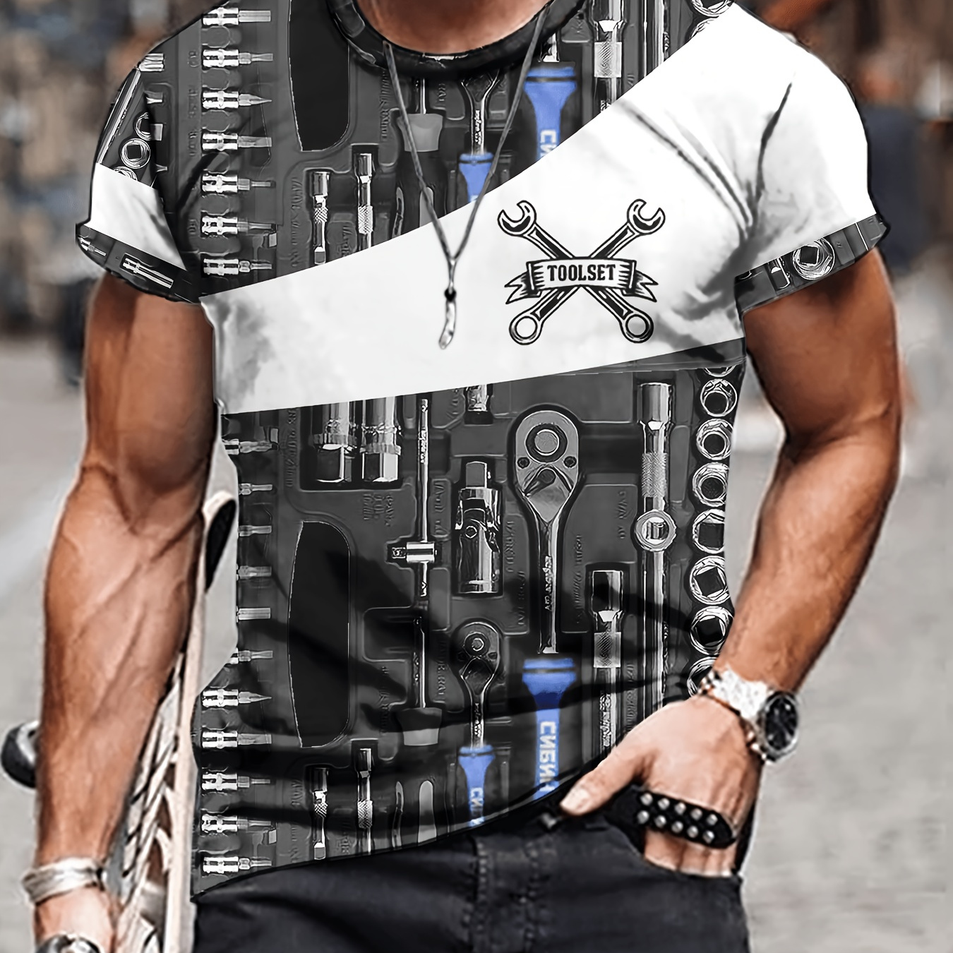 

Men's Tools Print T-shirt, Casual Short Sleeve Crew Neck Tee, Men's Clothing For Outdoor