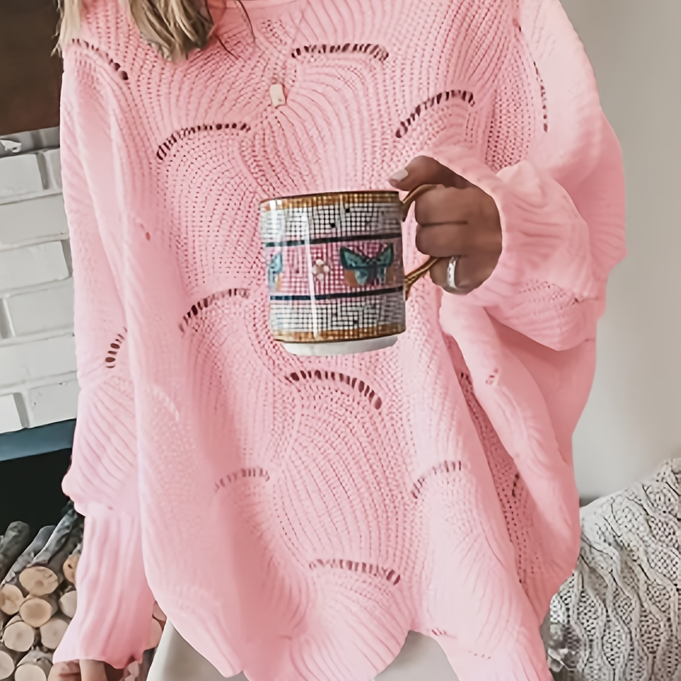 

Plus Size Casual Crew Neck Hollow Knit Sweater - Solid Color Polyester Acrylic Pullover With Slight Stretch For Women - Spring/fall Fashion