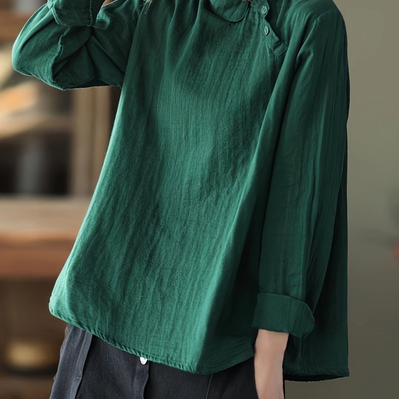 

Slant Button Solid Color Blouse, Vintage Long Sleeve Simple Blouse For Spring & Fall, Women's Clothing