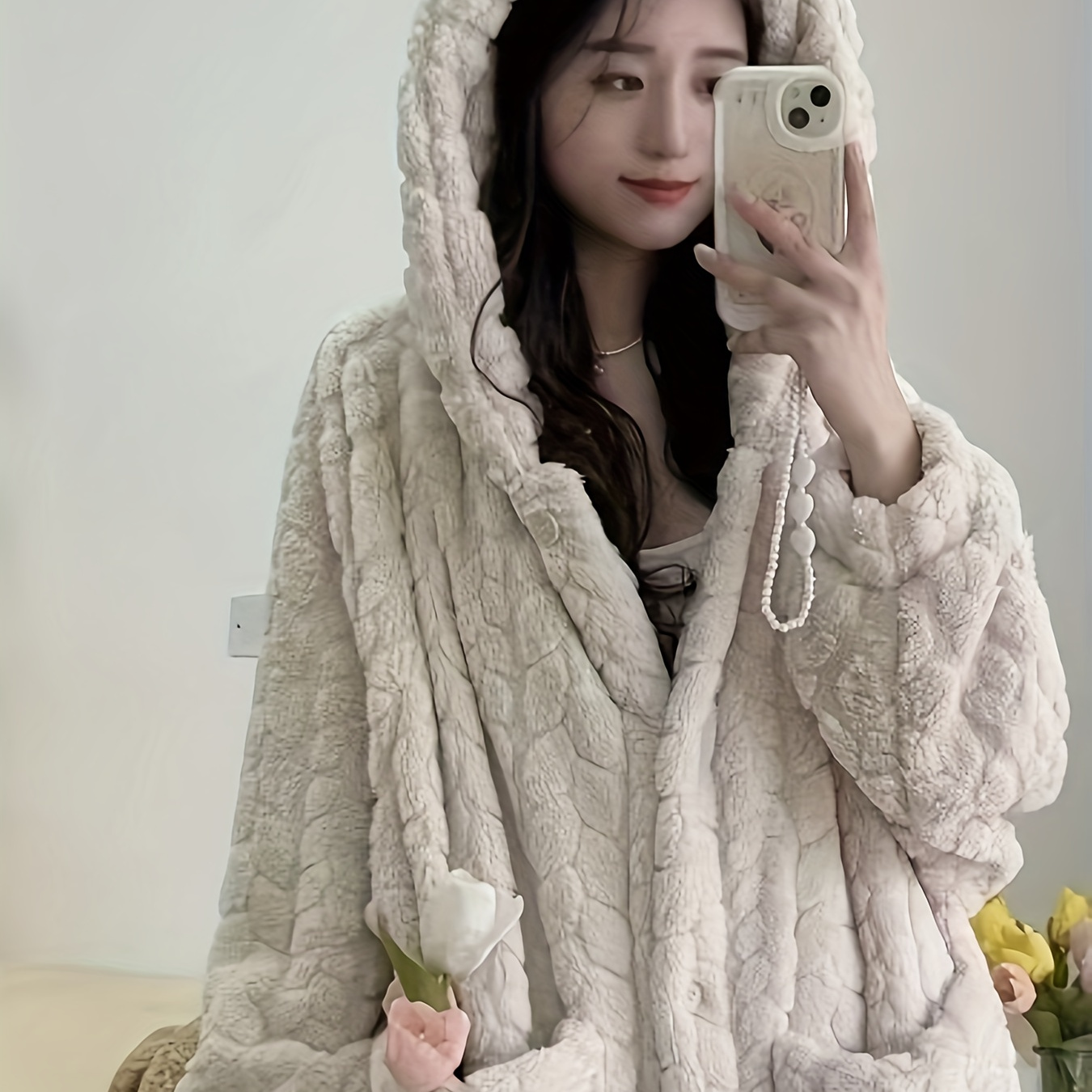 

Women's Hooded Plush Pajama Robe - Thickened Jacquard Autumn/winter Pajamas With Pockets