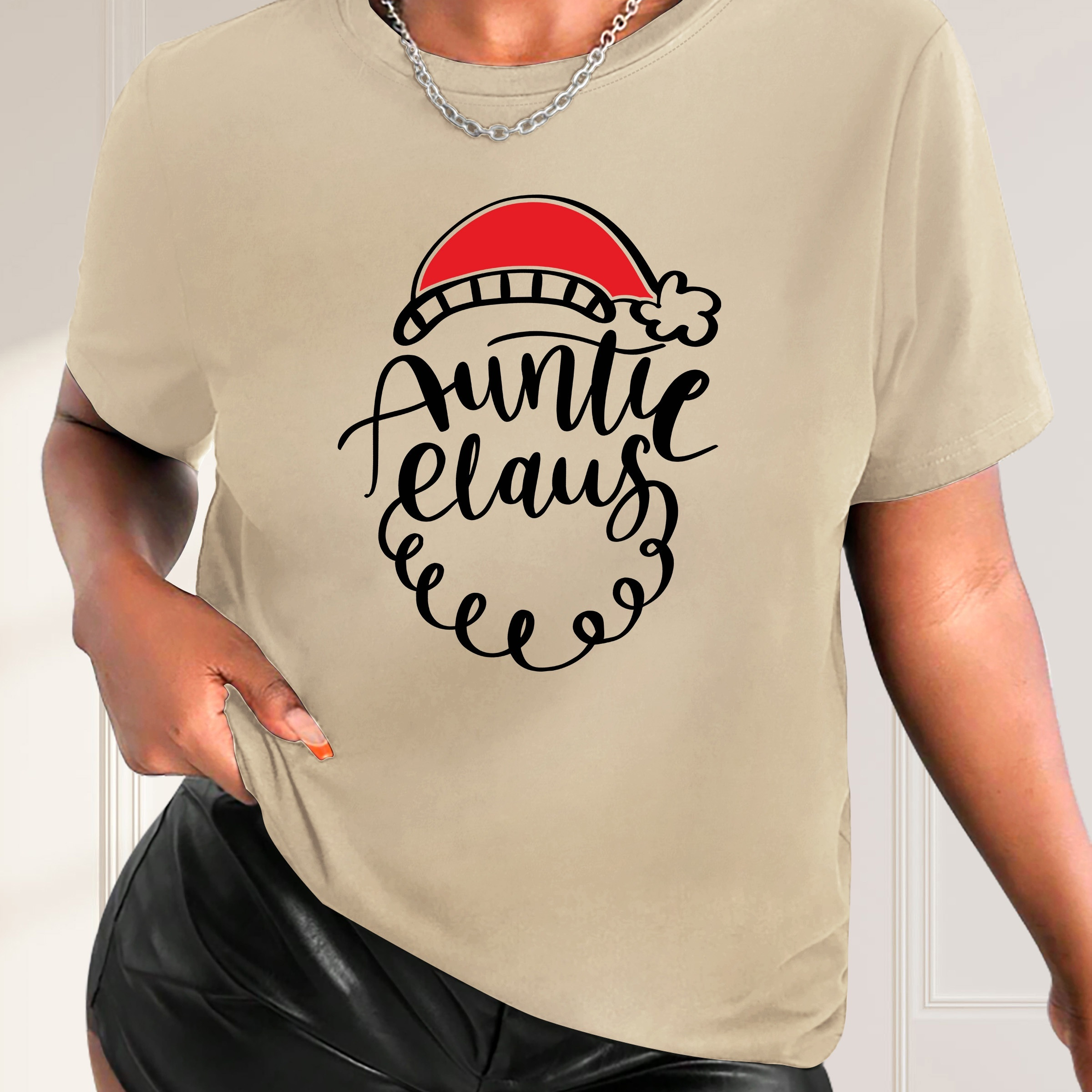 

Auntie Claus Christmas Hat T-shirt For Women - Crew Neck, Short Sleeve, Casual Polyester Tee With Medium Stretch - Spring/summer/fall Knit Top