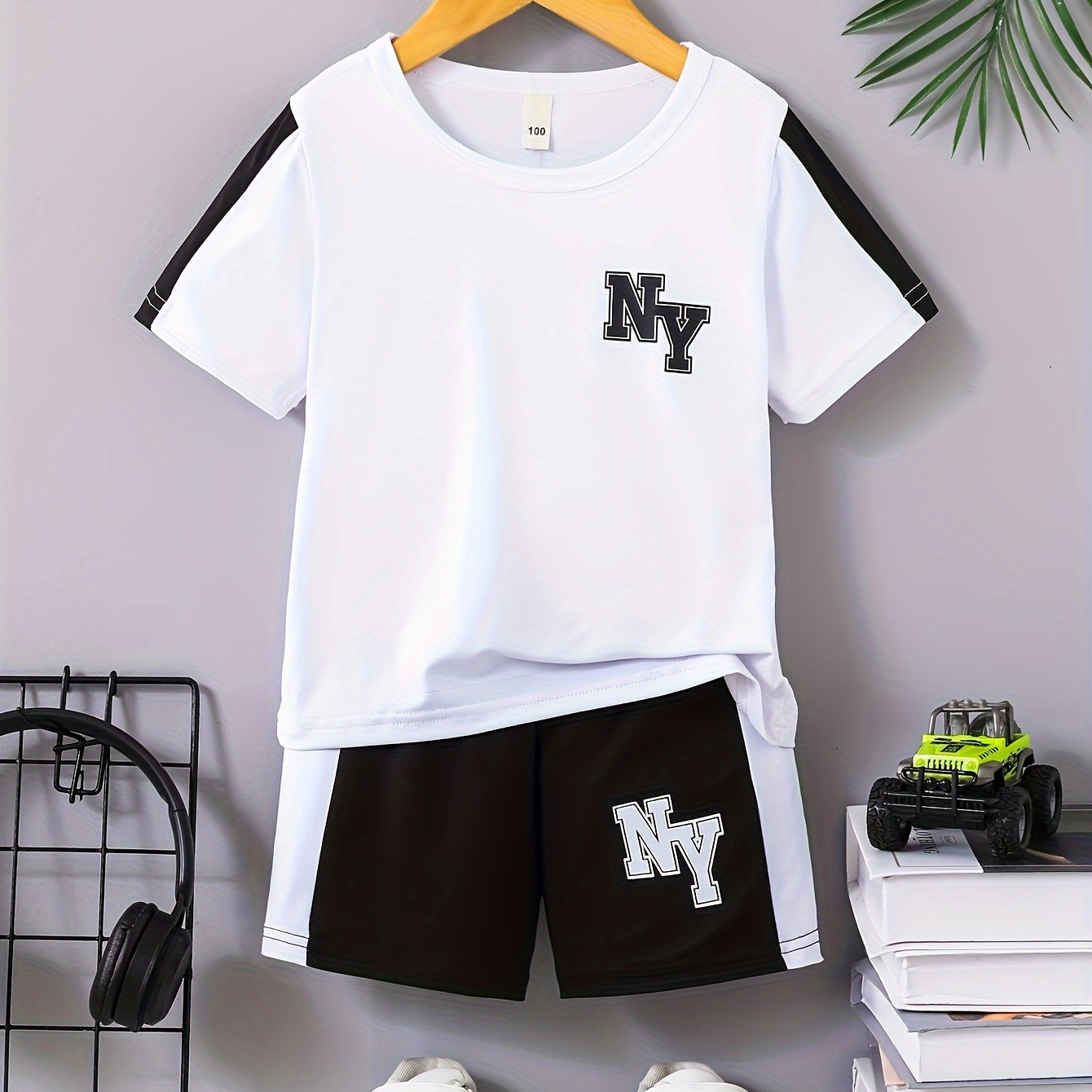 

2pcs Boys Casual Ny Letter Graphic Print Short Sleeve T-shirt & Shorts Set, Comfy Summer Boys Clothes